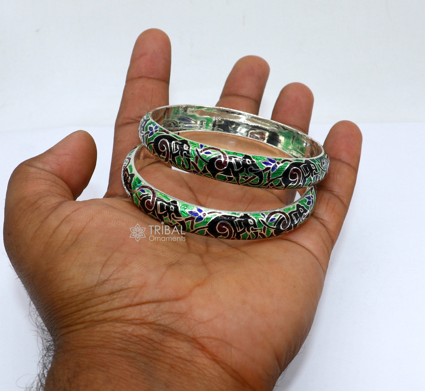 925 Sterling silver handmade amazing meenakari (color enamel )bangle bracelet elephant design Cultral trendy style jewelry from india nba356 - TRIBAL ORNAMENTS