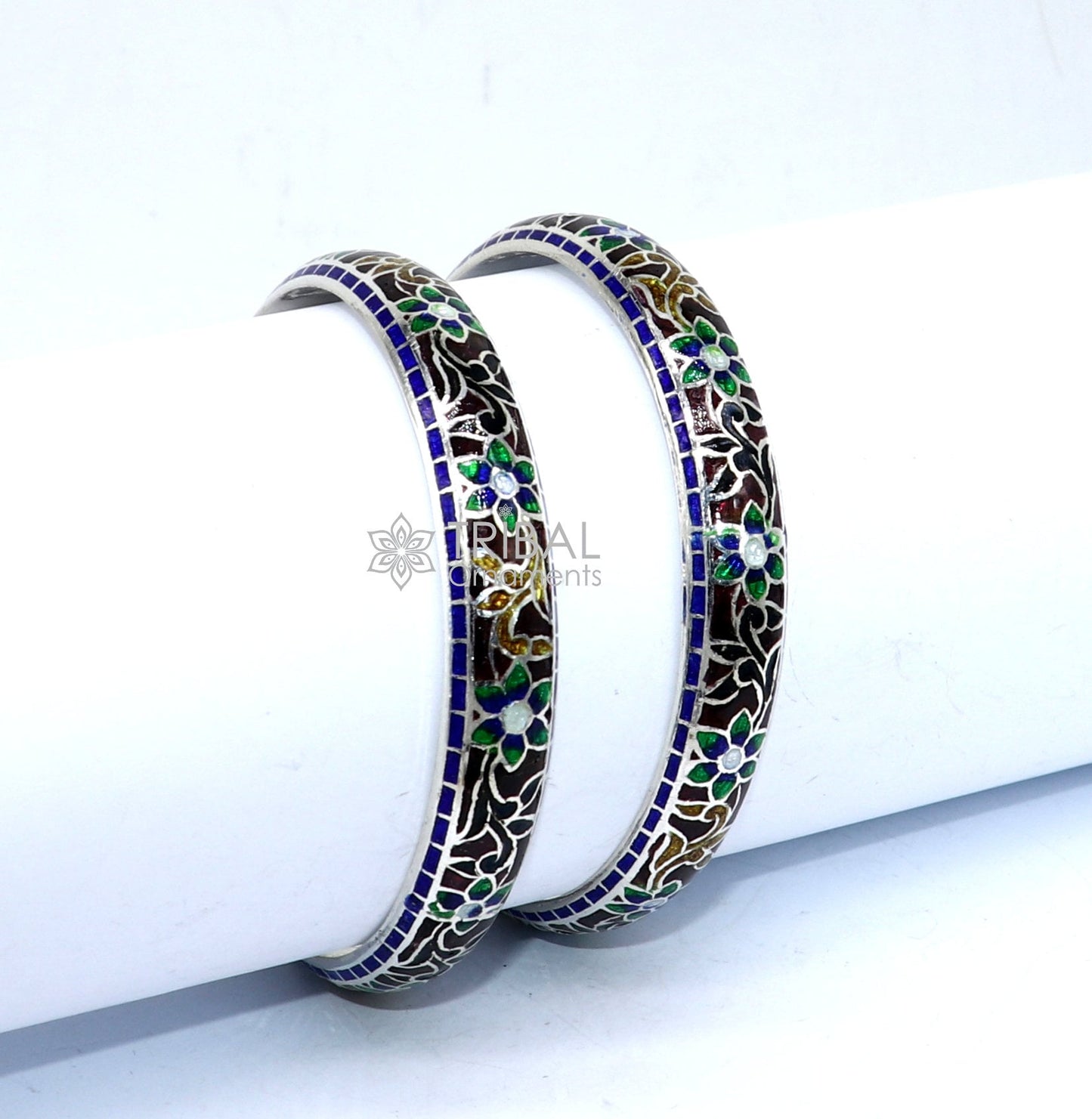 925 Sterling silver handmade amazing meenakari (color enamel )bangle bracelet floral design Cultral trendy style jewelry from india nba358 - TRIBAL ORNAMENTS