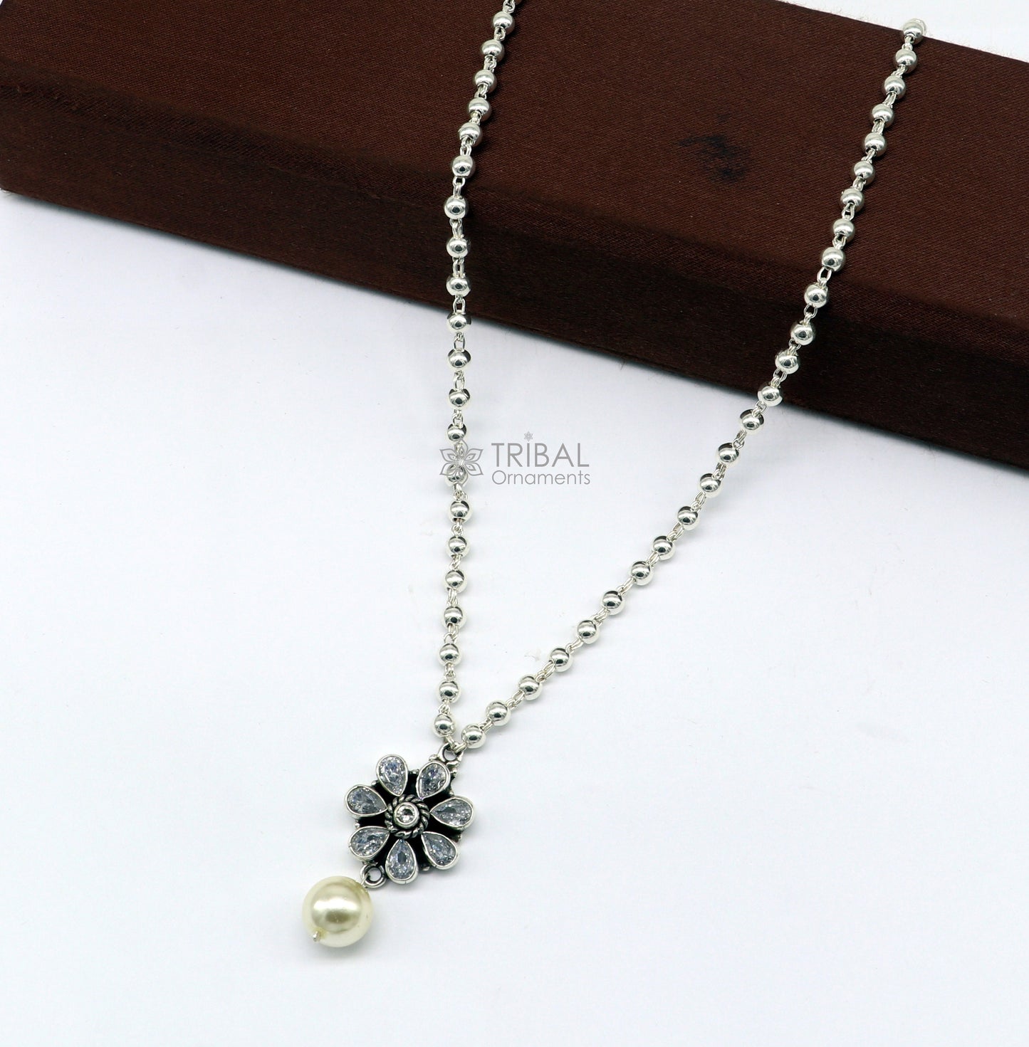 Traditional cultural trendy 925 sterling silver plain beads ball chain necklace with flower design pendant and hanging pearl jewelry set578 - TRIBAL ORNAMENTS