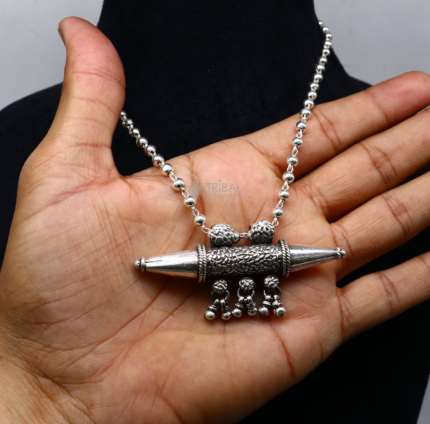 925 Sterling silver handmade vintage design pendant amulet necklace with hangings bells excellent tribal ethnic jewelry Rajasthan set580 - TRIBAL ORNAMENTS