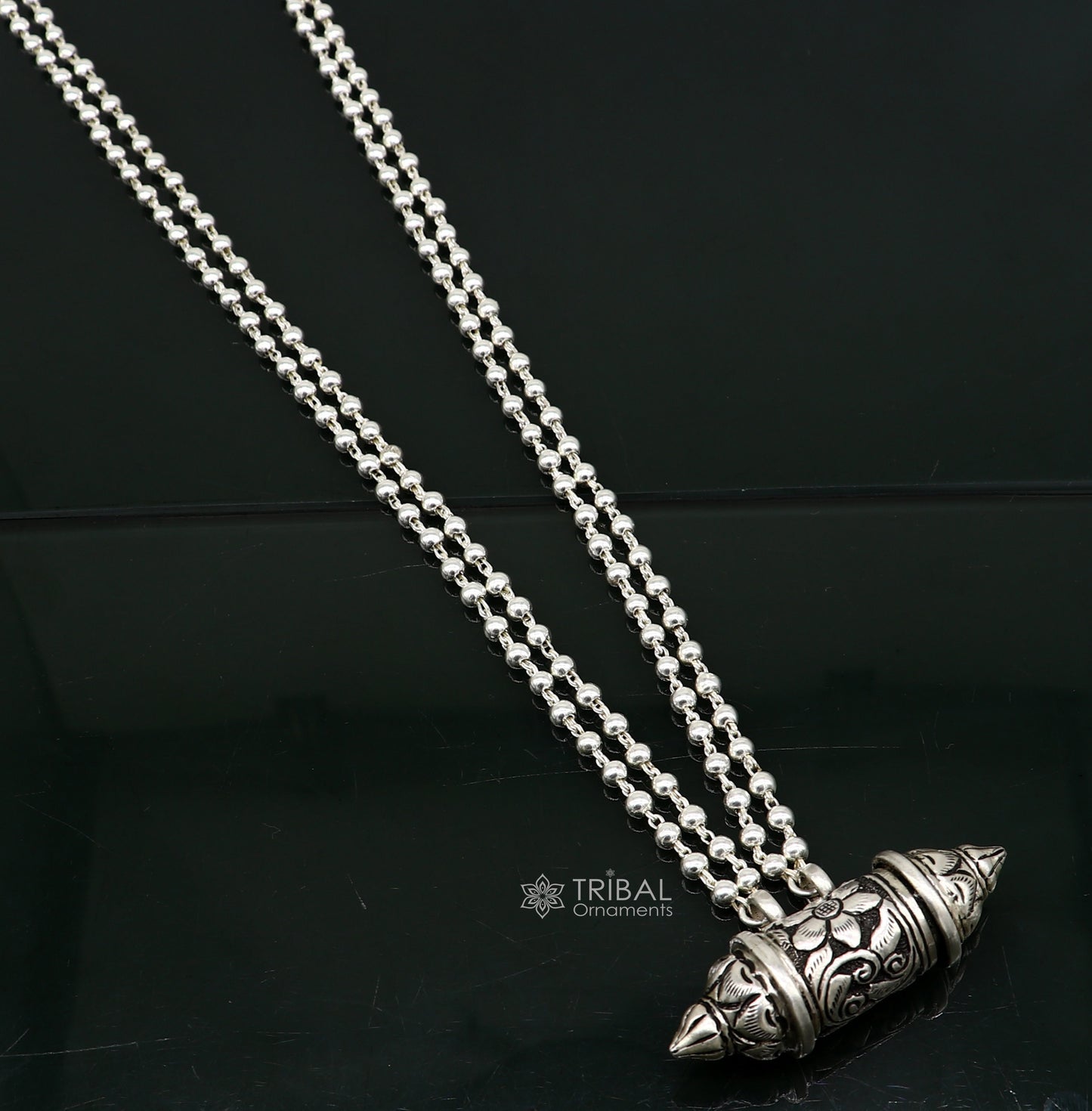 925 Sterling silver handmade vintage design amulet box pendant with 2 line beaded necklace tribal ethnic mantra box pendant jewelry set591 - TRIBAL ORNAMENTS