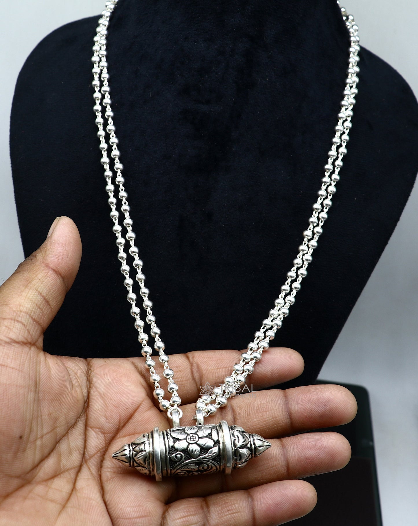 925 Sterling silver handmade vintage design amulet box pendant with 2 line beaded necklace tribal ethnic mantra box pendant jewelry set591 - TRIBAL ORNAMENTS