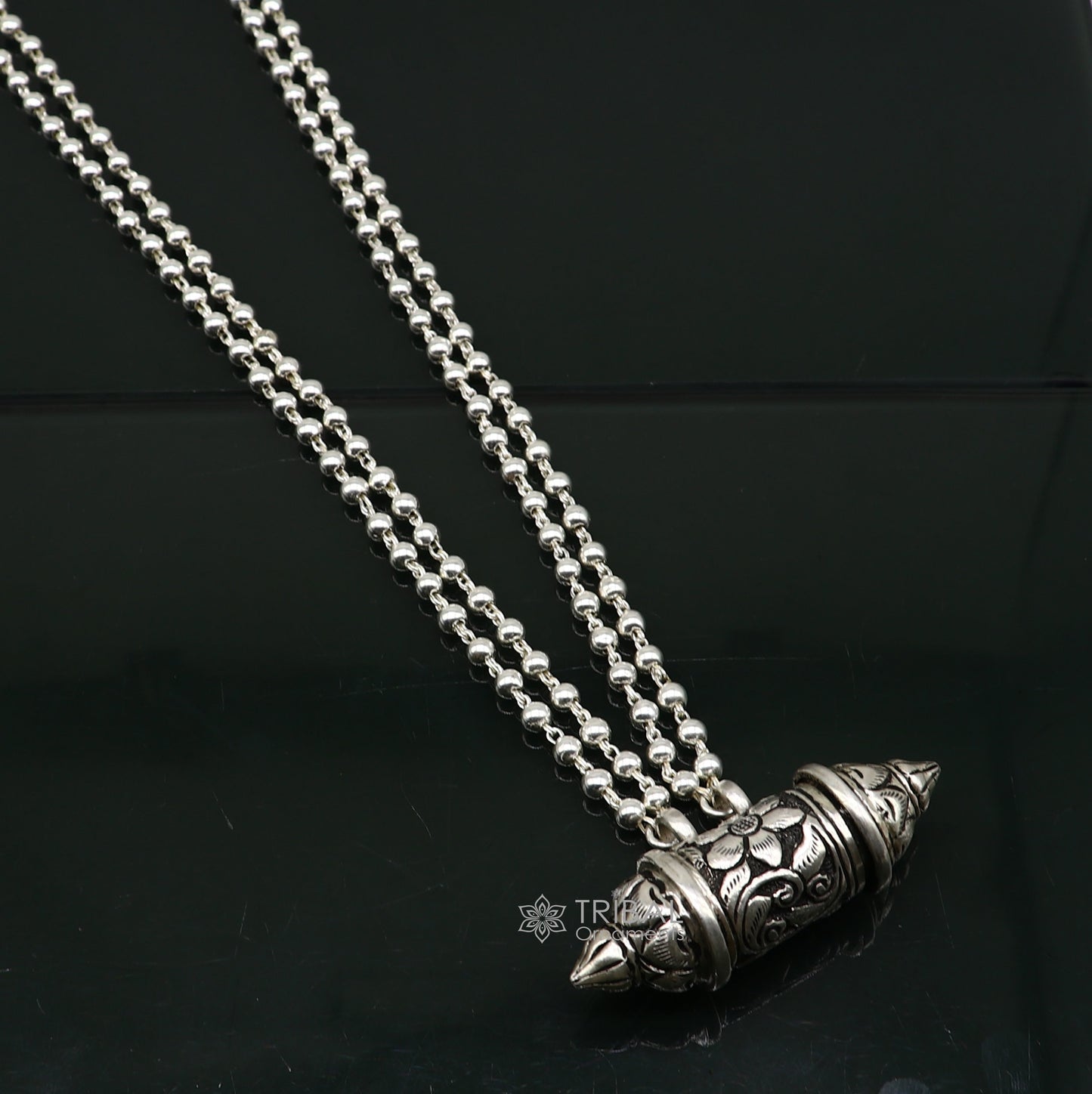 925 Sterling silver handmade vintage design amulet box pendant with 2 line beaded necklace tribal ethnic mantra box pendant jewelry set591 - TRIBAL ORNAMENTS