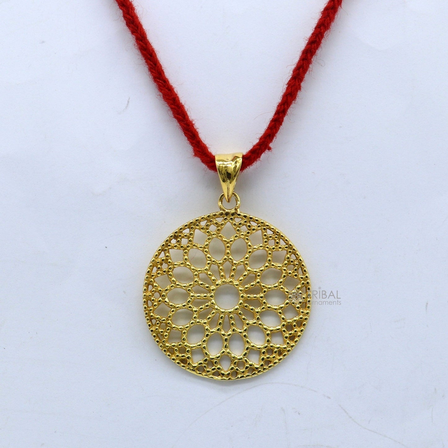 925 sterling silver handmade stylish round floral design small gold polished or vermilled pendant best gifting jewelry from india nsp614 - TRIBAL ORNAMENTS