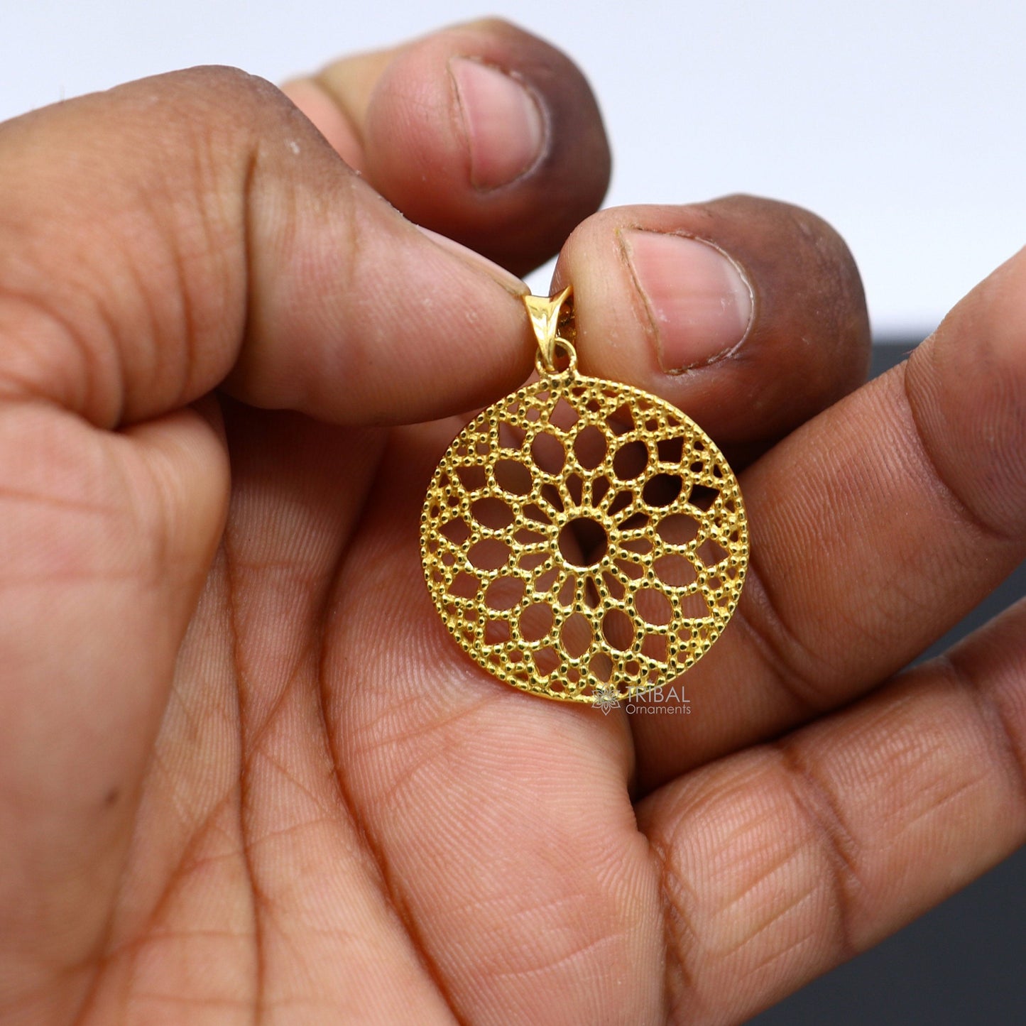 925 sterling silver handmade stylish round floral design small gold polished or vermilled pendant best gifting jewelry from india nsp614 - TRIBAL ORNAMENTS