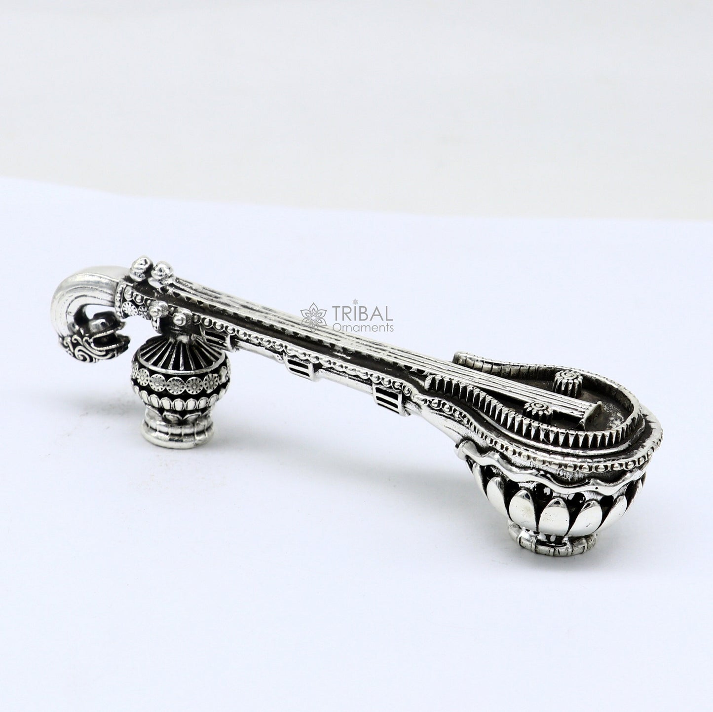 4.5" Maa Saraswati Veena, 925 sterling silver musical instrument Veena for Goddess Sharda, best gifting puja article for Hindu temple art622 - TRIBAL ORNAMENTS