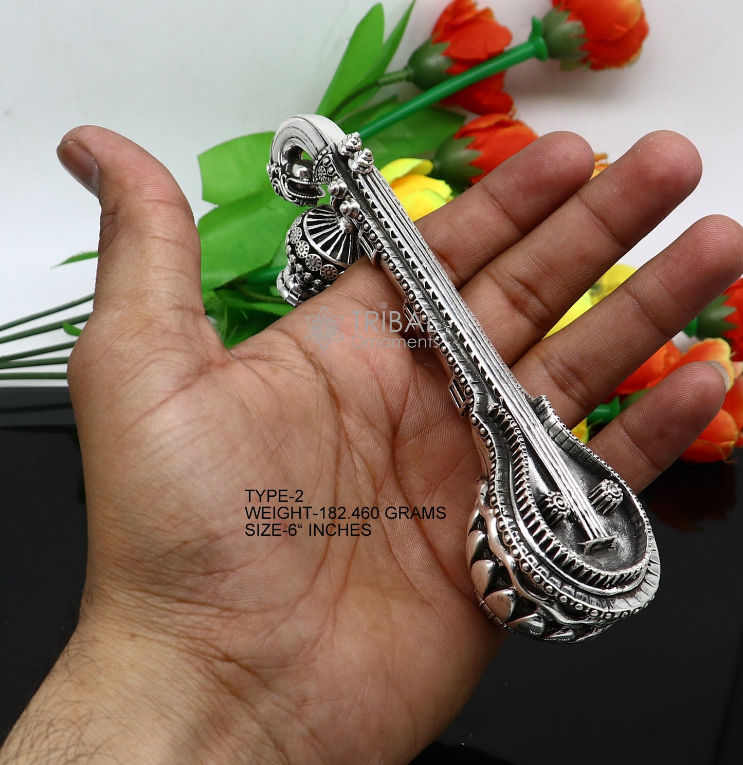 5"OR 6" Maa Saraswati Veena, 925 sterling silver musical instrument Veena for Goddess Sharda, best gifting puja article, Worshipping art623 - TRIBAL ORNAMENTS
