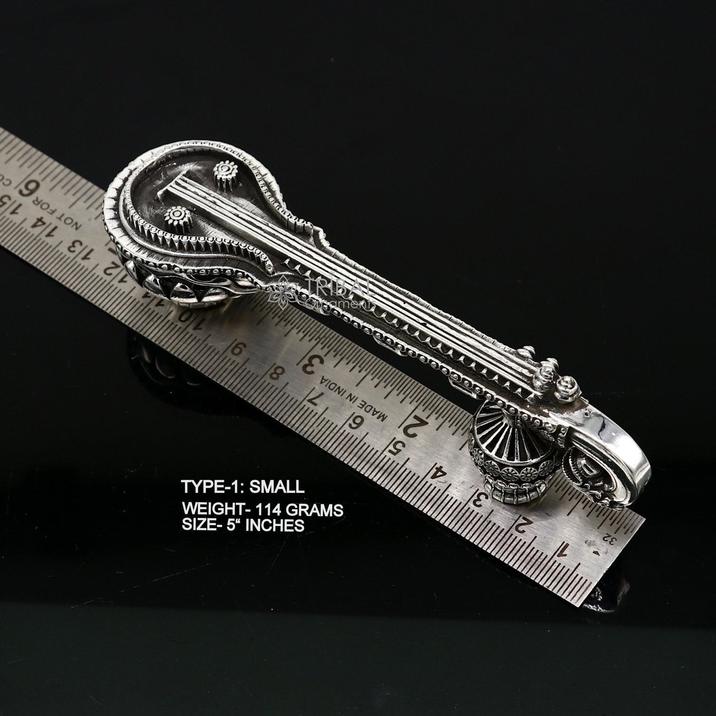 5"OR 6" Maa Saraswati Veena, 925 sterling silver musical instrument Veena for Goddess Sharda, best gifting puja article, Worshipping art623 - TRIBAL ORNAMENTS