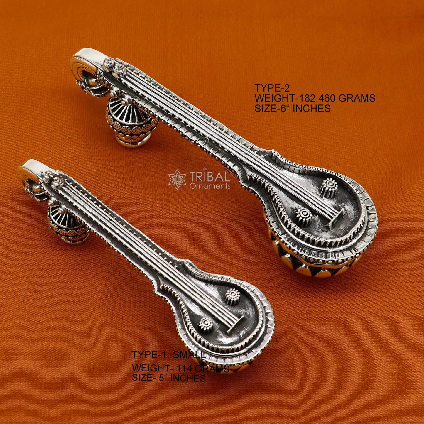 5"OR 6" Maa Saraswati Veena, 925 sterling silver musical instrument Veena for Goddess Sharda, best gifting puja article, Worshipping art623 - TRIBAL ORNAMENTS