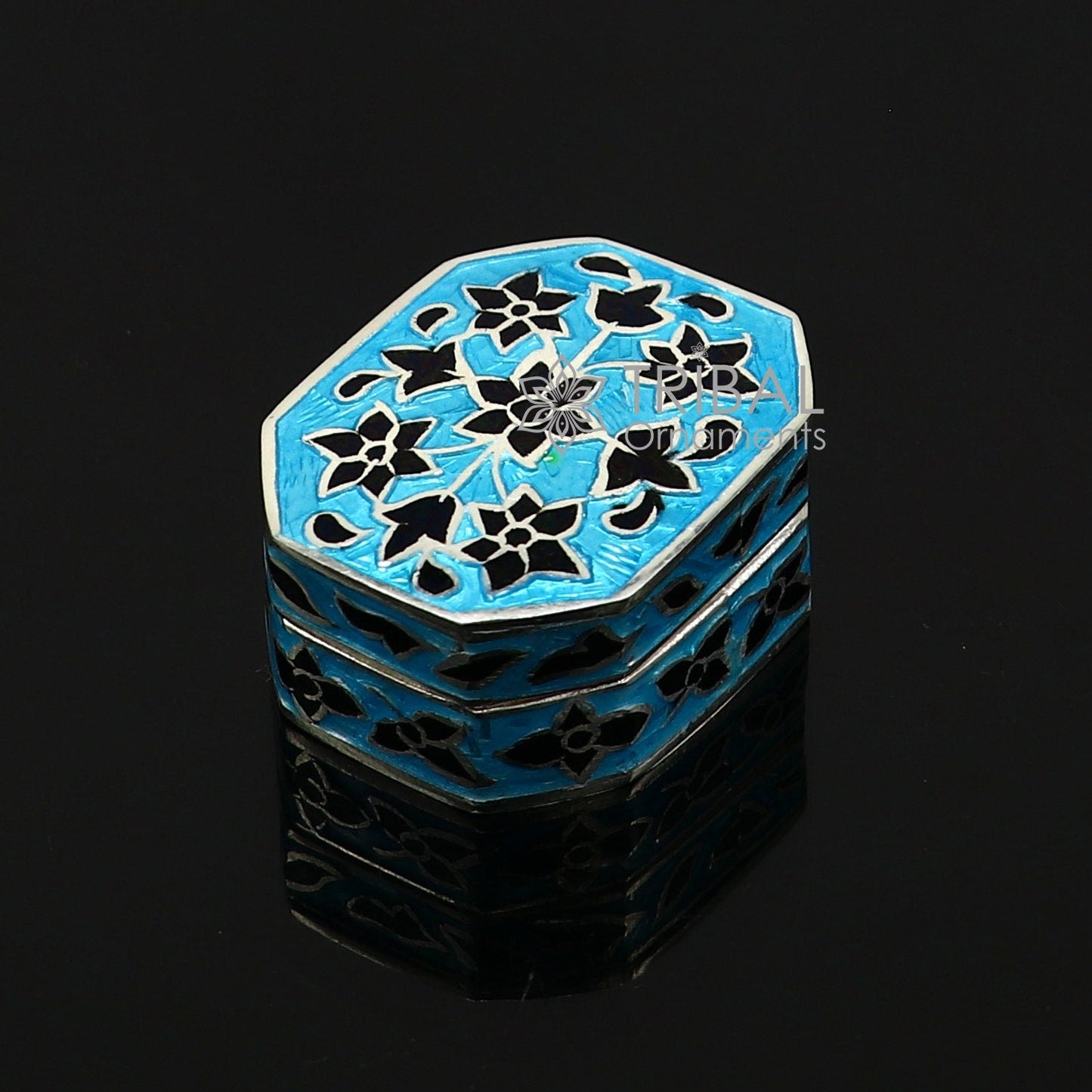 Enamel work 925 sterling silver trinket box, casket box, container, Sindoor box vintage design enamel brides jewelry stb778 - TRIBAL ORNAMENTS