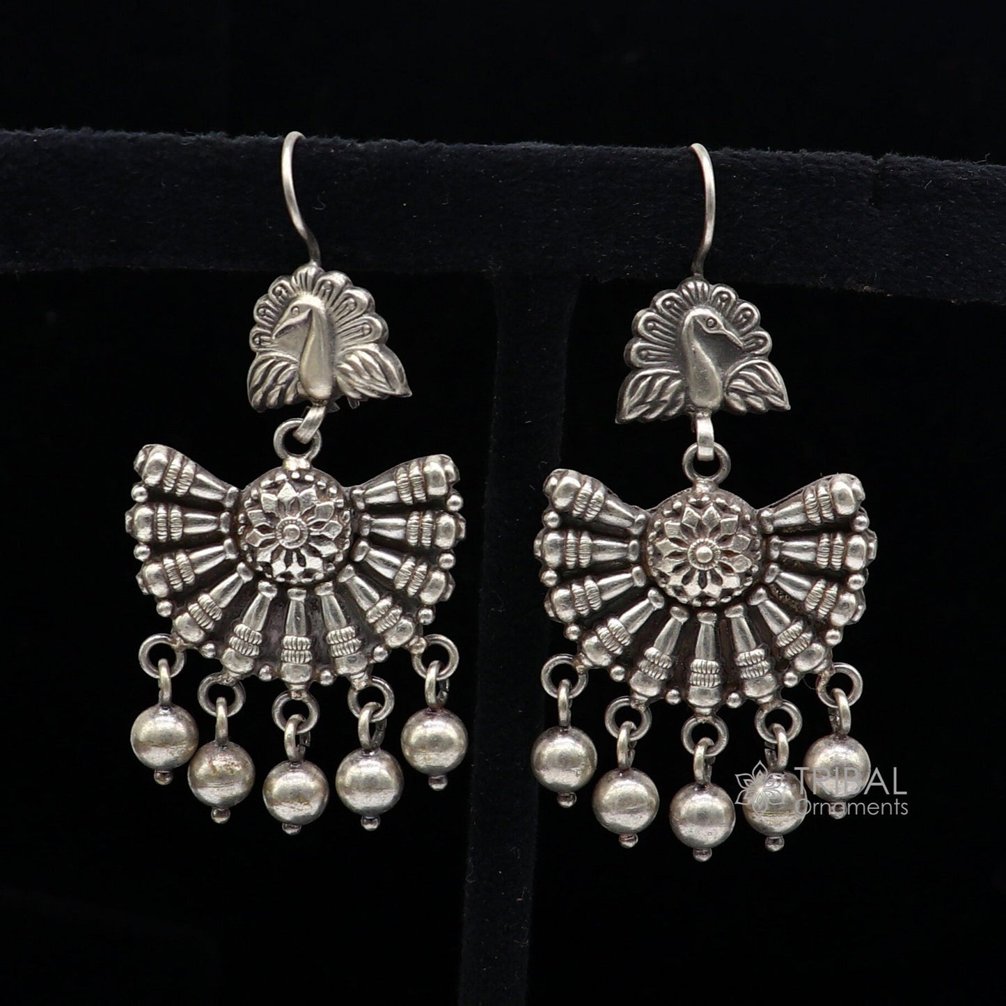 925 sterling silver handmade fabulous peacock design hoops earrings with hanging drops tribal ethnic brides jewelry belly dance india s1160 - TRIBAL ORNAMENTS