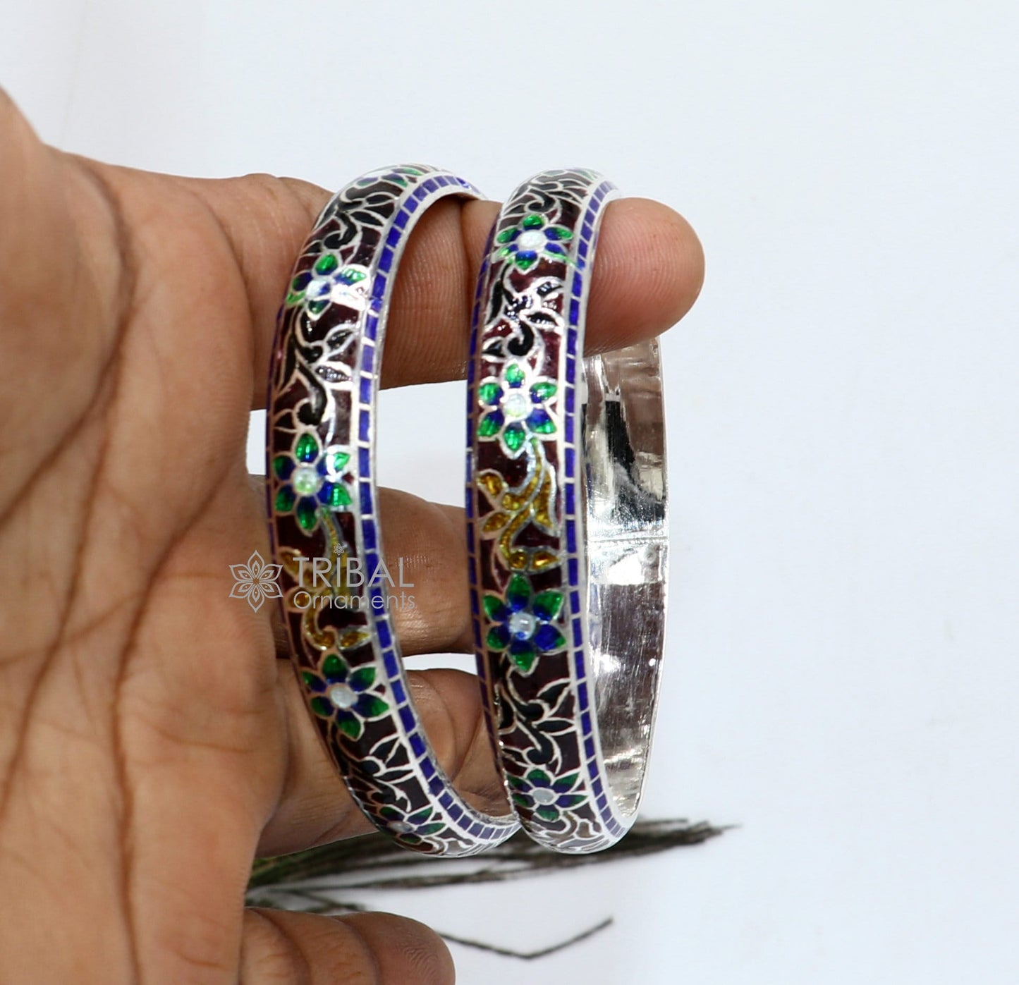 925 Sterling silver handmade amazing meenakari (color enamel )bangle bracelet floral design Cultral trendy style jewelry from india nba358 - TRIBAL ORNAMENTS