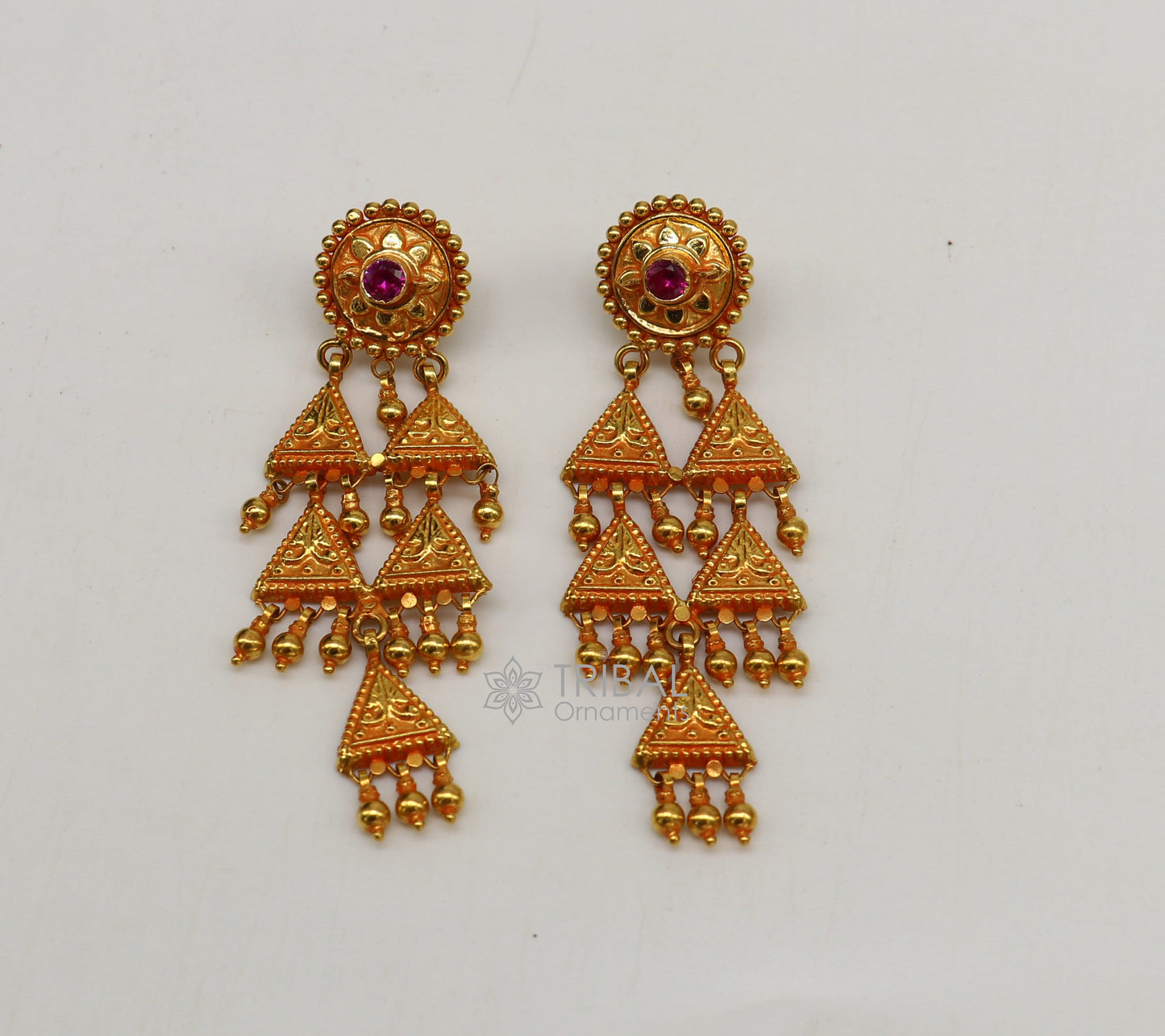 Vintage traditional cultural design fabulous 22kt yellow gold handmade ethnic tribal earrings women's tribal jewelry from India ear169 - TRIBAL ORNAMENTS