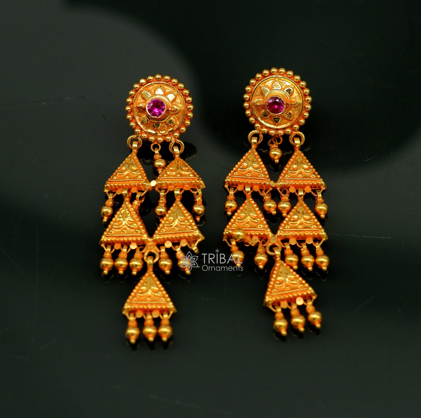 Vintage traditional cultural design fabulous 22kt yellow gold handmade ethnic tribal earrings women's tribal jewelry from India ear169 - TRIBAL ORNAMENTS
