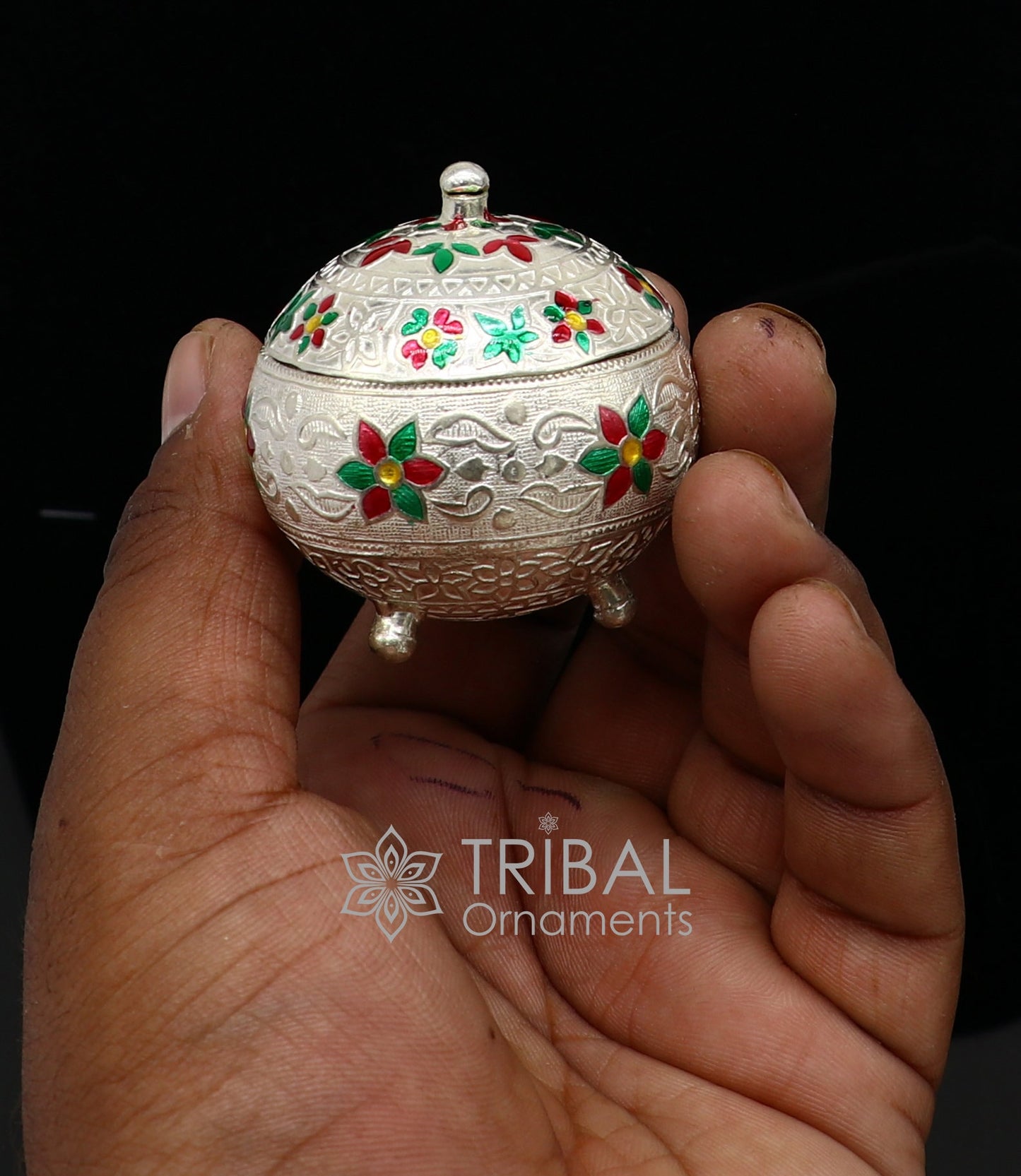 925 Sterling silver handmade fabulous trinket box, solid kumkum box, casket box, sindoor box, enamel work customized gifting box stb787 - TRIBAL ORNAMENTS
