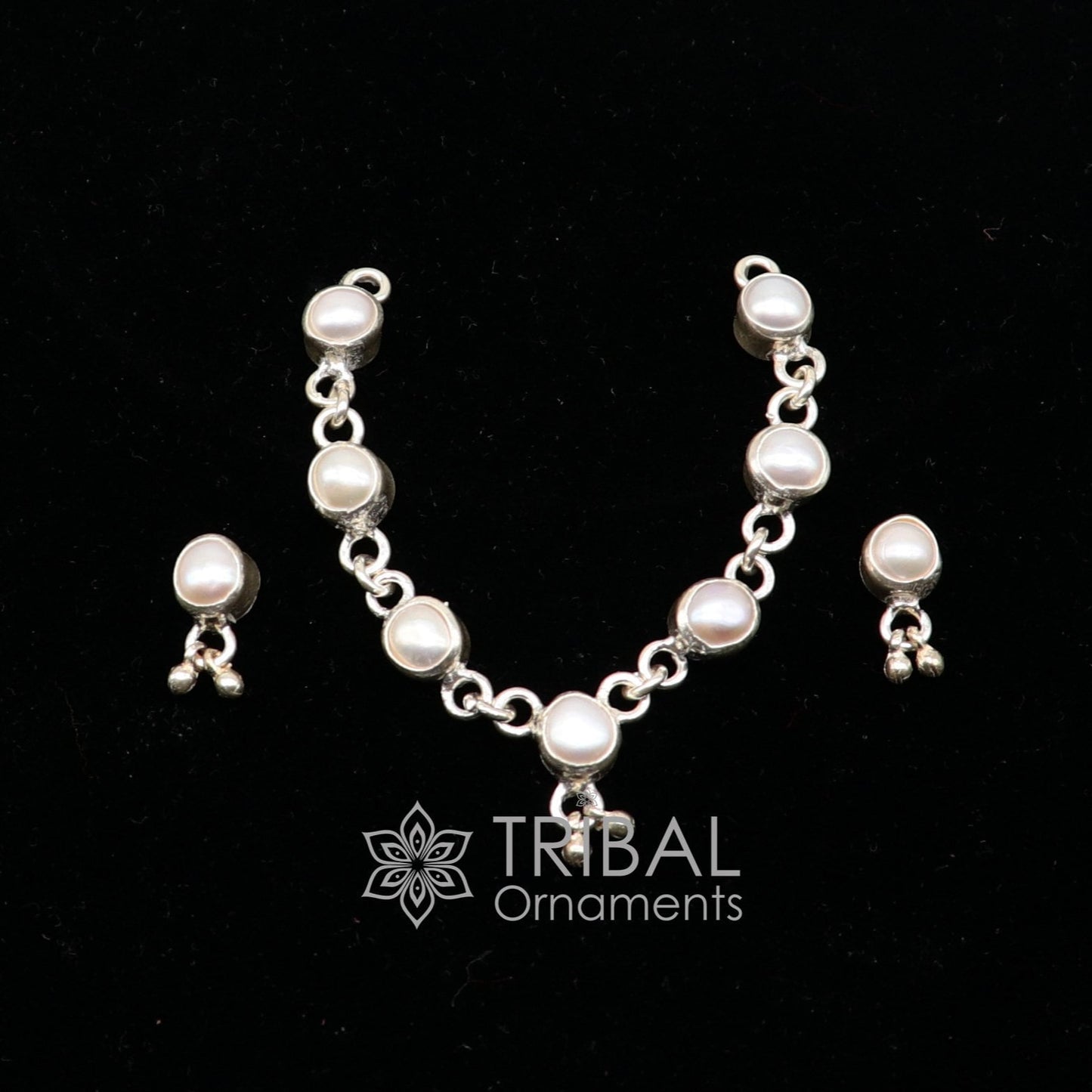 925 sterling silver Single line pearl chain necklace set for Lord Krishna Laddu Gopala, silver handmade little Krishna jewelry set587 - TRIBAL ORNAMENTS