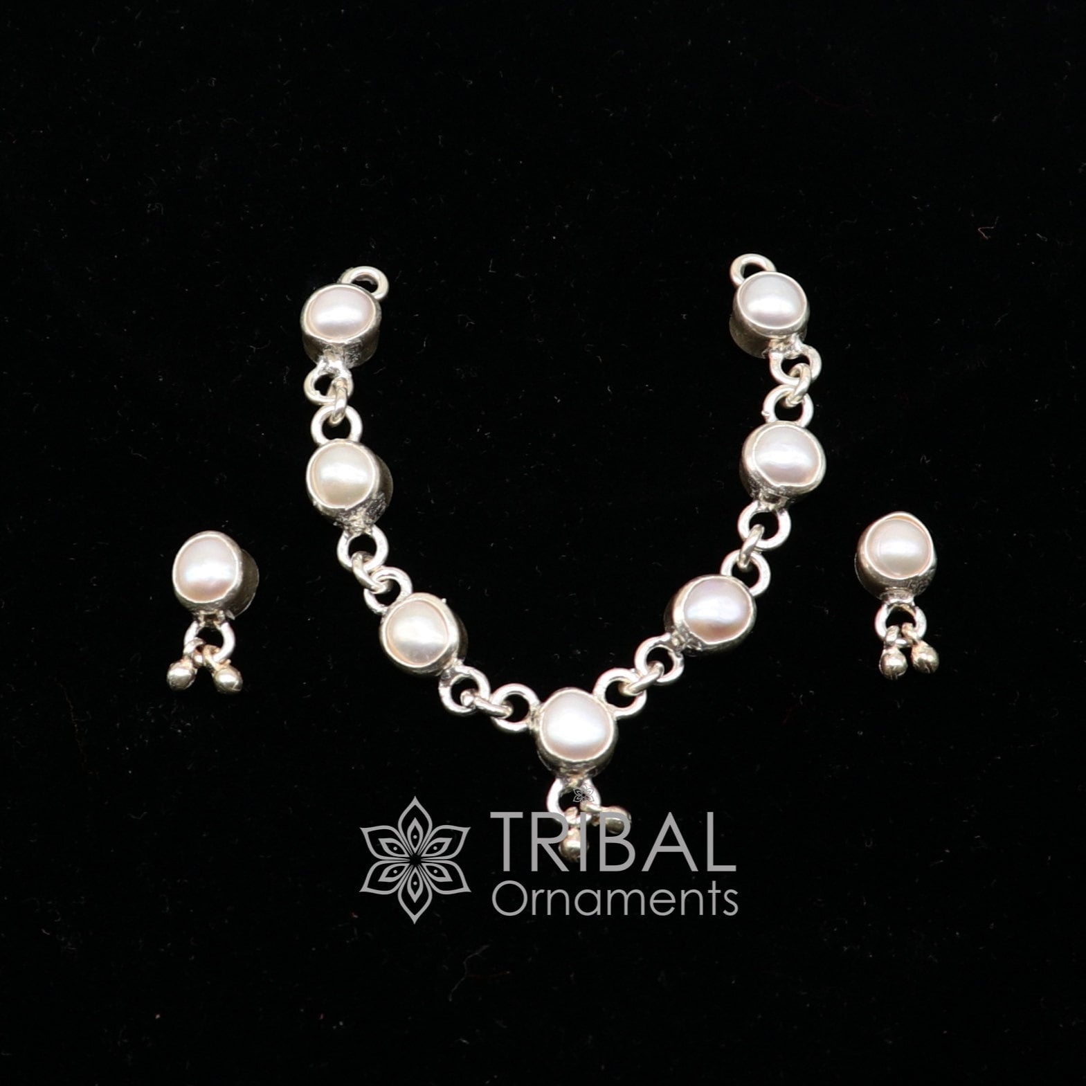 925 sterling silver Single line pearl chain necklace set for Lord Krishna Laddu Gopala, silver handmade little Krishna jewelry set587 - TRIBAL ORNAMENTS