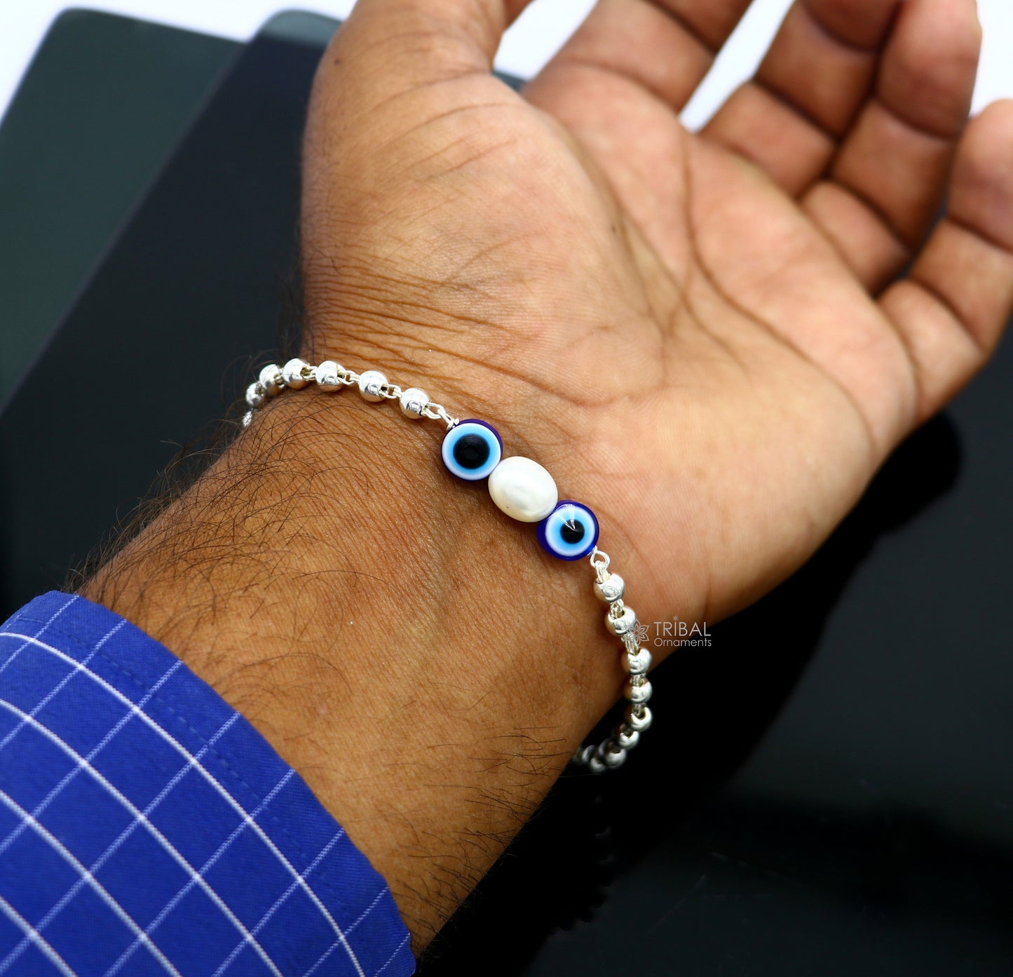 925 sterling silver handmade silver beaded evil eye bracelet, chunky stylish unisex cultural trendy bracelet all sizes jewelry sbr470 - TRIBAL ORNAMENTS