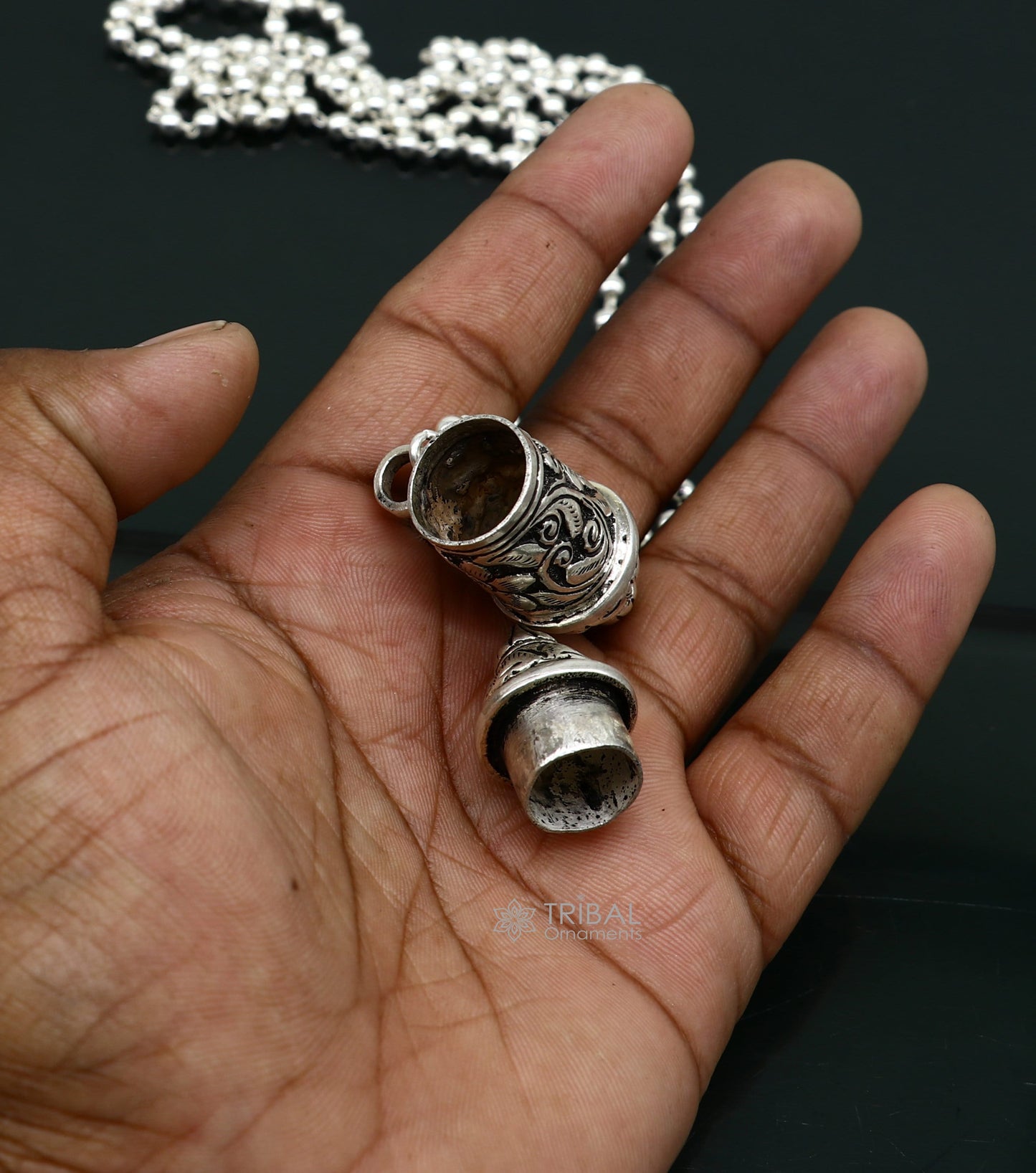 925 Sterling silver handmade vintage design amulet box pendant with 2 line beaded necklace tribal ethnic mantra box pendant jewelry set591 - TRIBAL ORNAMENTS