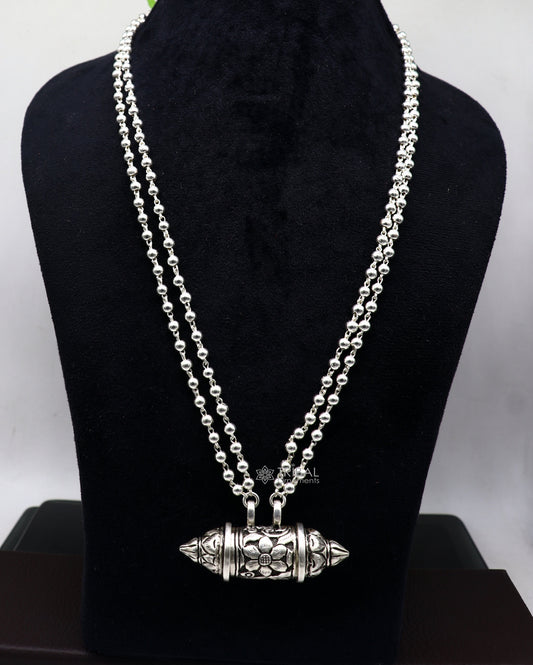 925 Sterling silver handmade vintage design amulet box pendant with 2 line beaded necklace tribal ethnic mantra box pendant jewelry set591 - TRIBAL ORNAMENTS