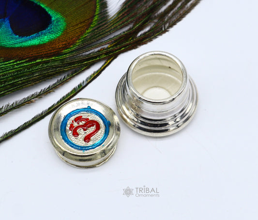 999 pure silver trinket box, kajal box brides round shape box Aum design box , container tobacco box, eyeliner Sindur box gifting stb804 - TRIBAL ORNAMENTS