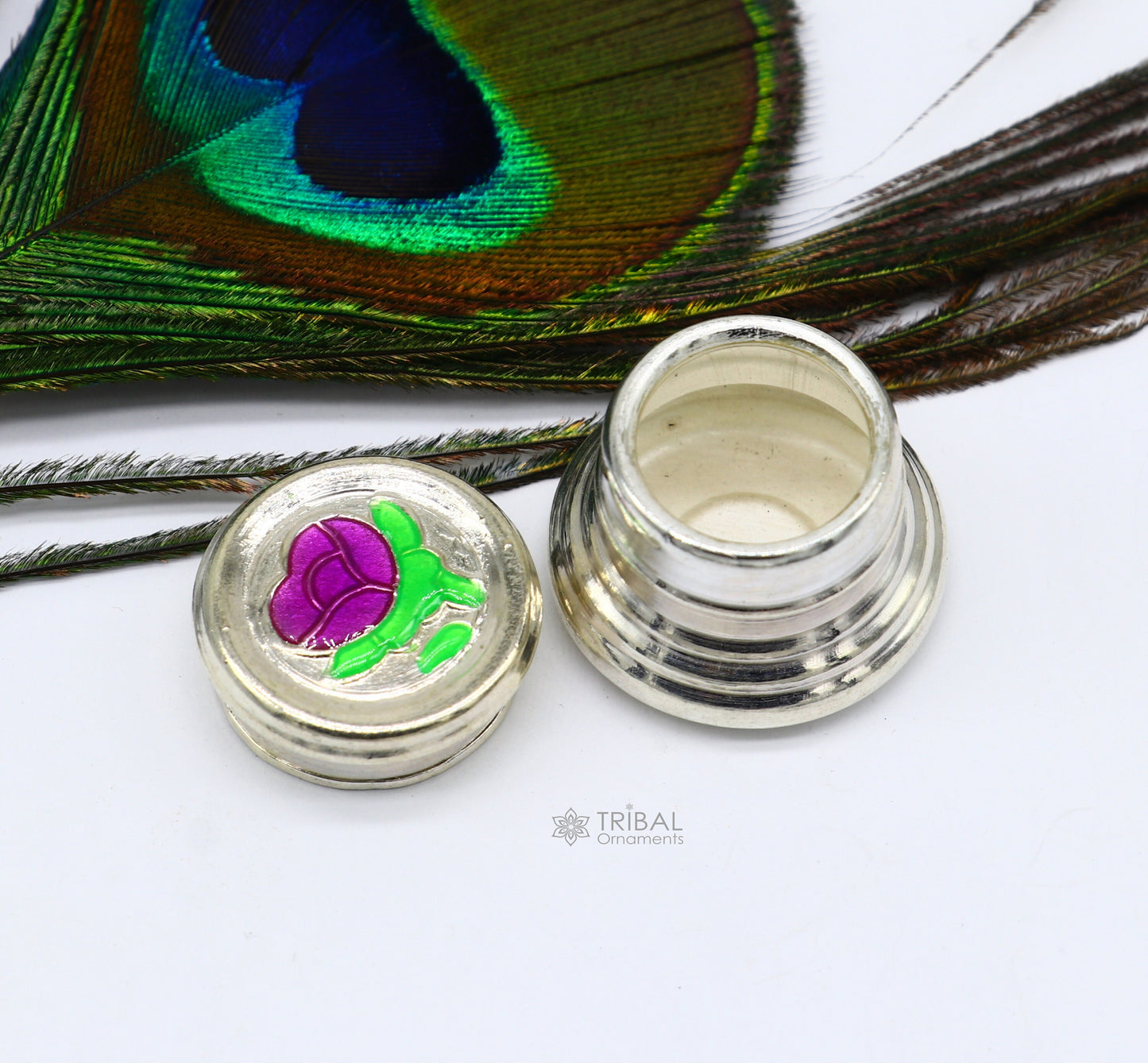 999 pure silver trinket box, kajal box brides round shape box flower design box , container tobacco box, eyeliner Sindur box gifting stb809 - TRIBAL ORNAMENTS