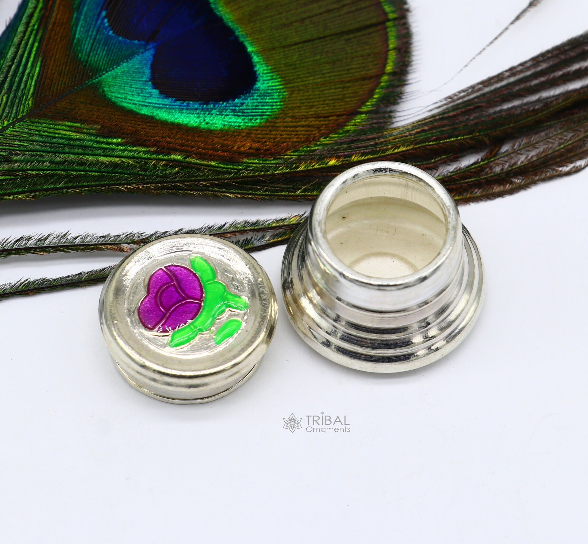 999 pure silver trinket box, kajal box brides round shape box flower design box , container tobacco box, eyeliner Sindur box gifting stb809 - TRIBAL ORNAMENTS