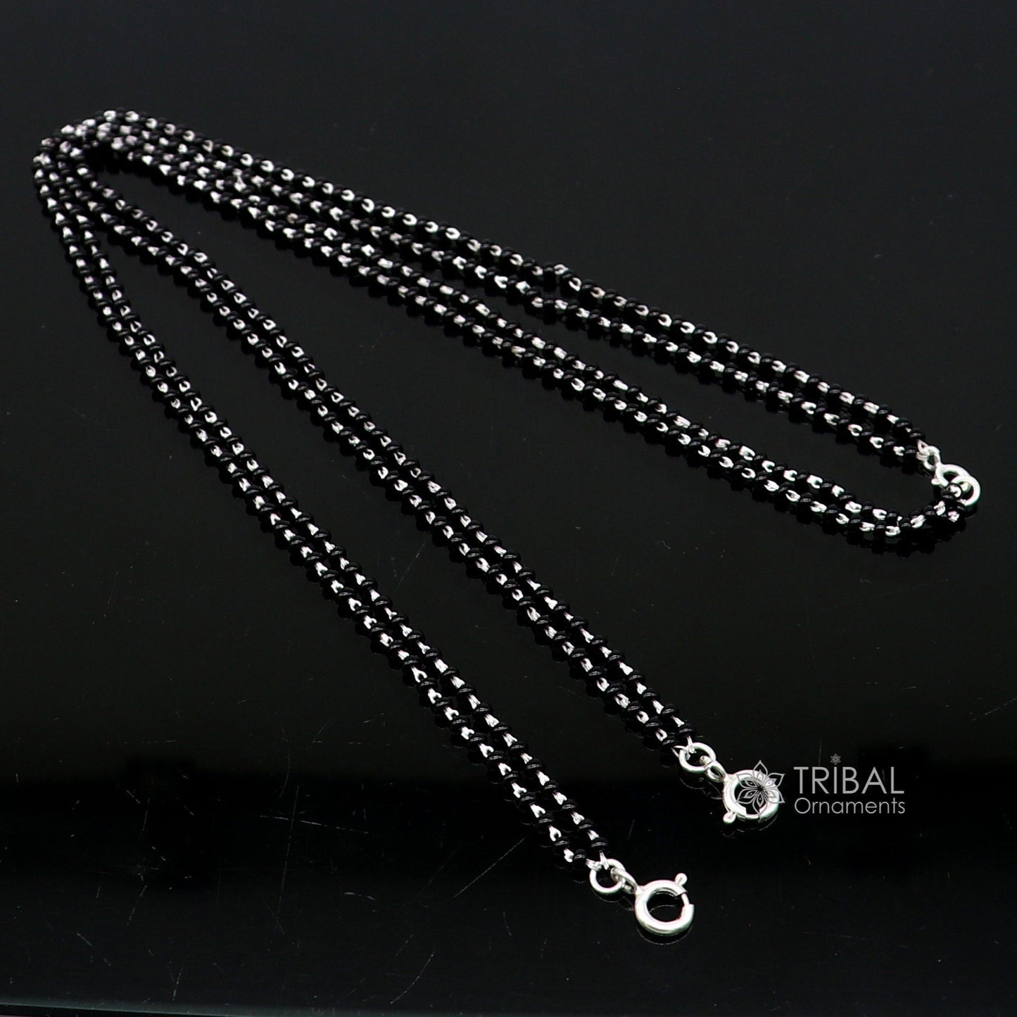 925 sterling silver 2.2mm black beads 2 line chain, vintage Cultural fancy necklace, traditional style brides Mangalsutra chain India ch555 - TRIBAL ORNAMENTS