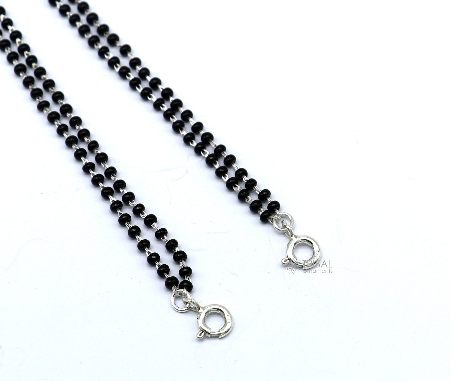 925 sterling silver 2.2mm black beads 2 line chain, vintage Cultural fancy necklace, traditional style brides Mangalsutra chain India ch555 - TRIBAL ORNAMENTS