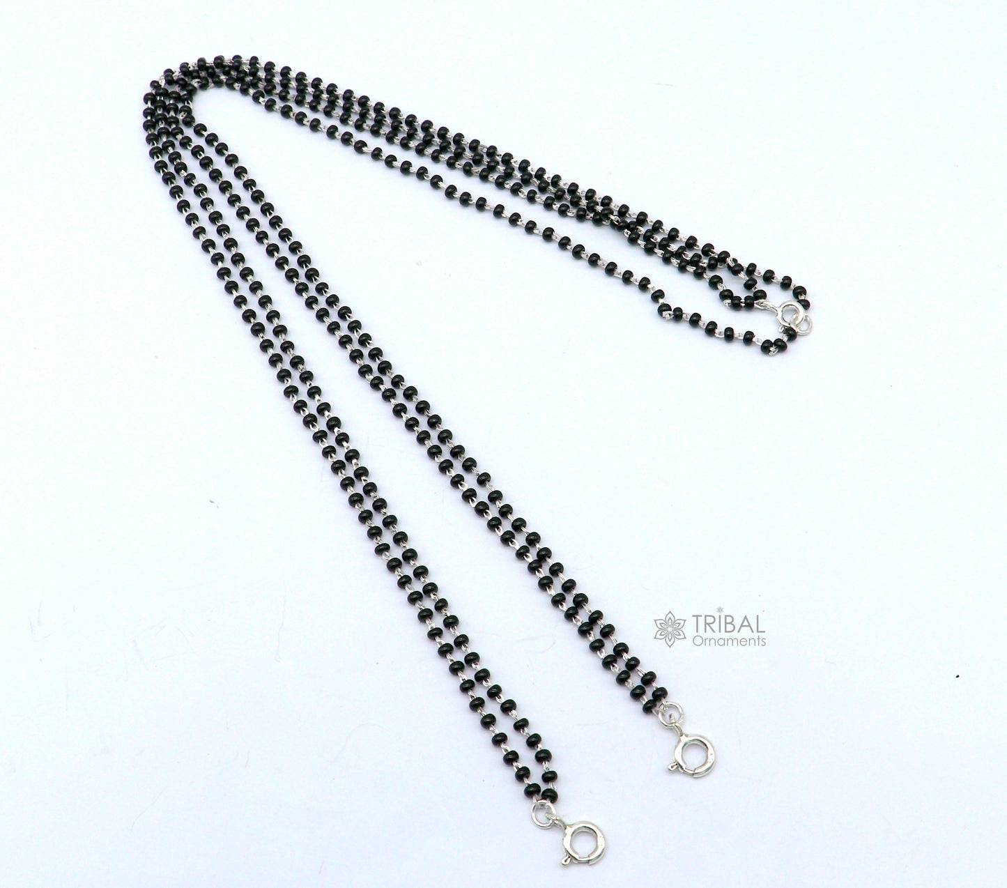 925 sterling silver 2.2mm black beads 2 line chain, vintage Cultural fancy necklace, traditional style brides Mangalsutra chain India ch555 - TRIBAL ORNAMENTS
