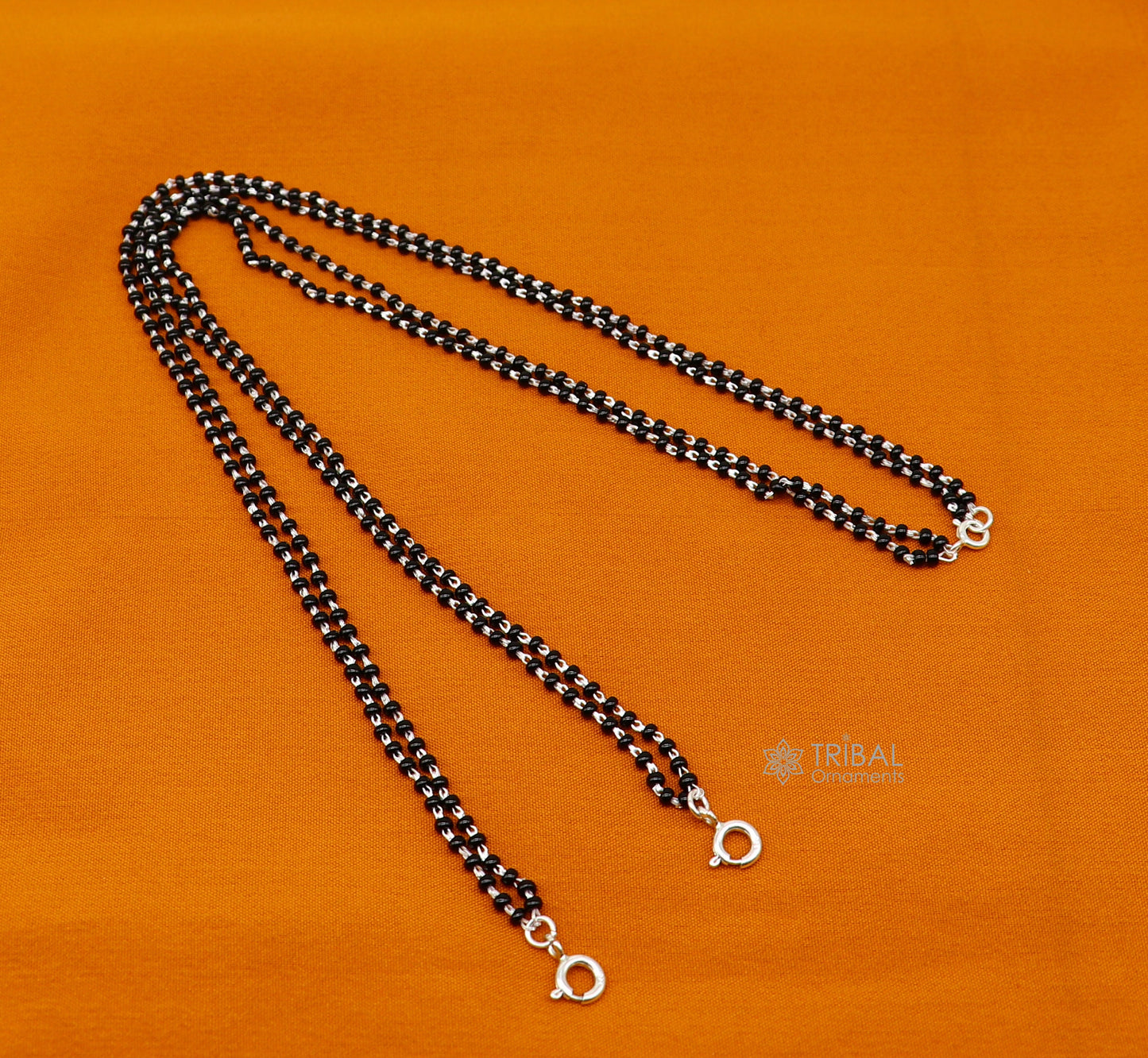 925 sterling silver 2.2mm black beads 2 line chain, vintage Cultural fancy necklace, traditional style brides Mangalsutra chain India ch555 - TRIBAL ORNAMENTS