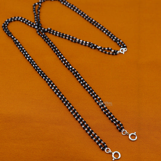 925 sterling silver 2.2mm black beads 2 line chain, vintage Cultural fancy necklace, traditional style brides Mangalsutra chain India ch555 - TRIBAL ORNAMENTS