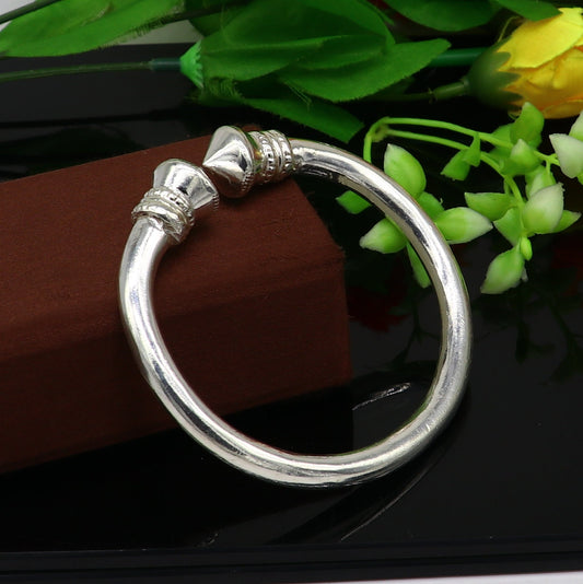 925 sterling silver solid open face adjustable heavy kada bracelet for men, amazing indian traditional cultural design plain kada nsk0677 - TRIBAL ORNAMENTS