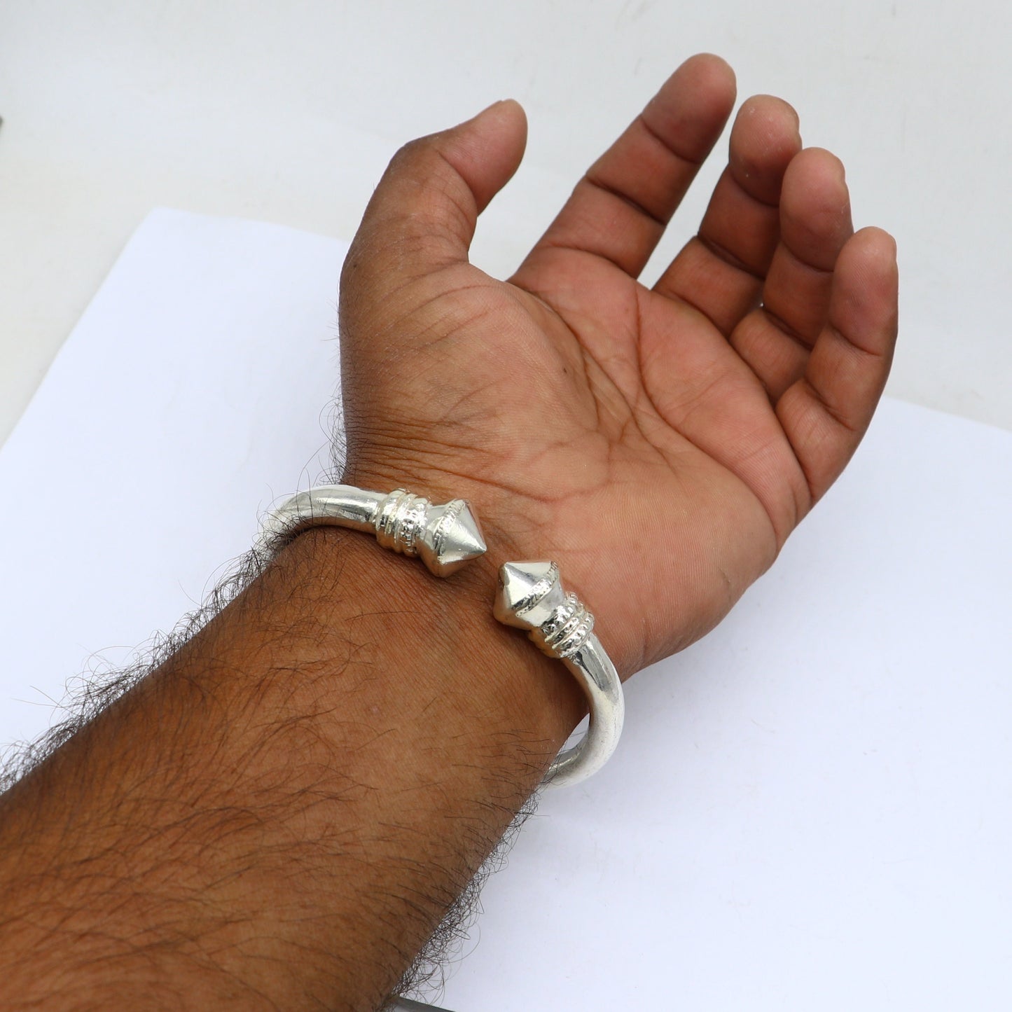 925 sterling silver solid open face adjustable heavy kada bracelet for men, amazing indian traditional cultural design plain kada nsk0677 - TRIBAL ORNAMENTS
