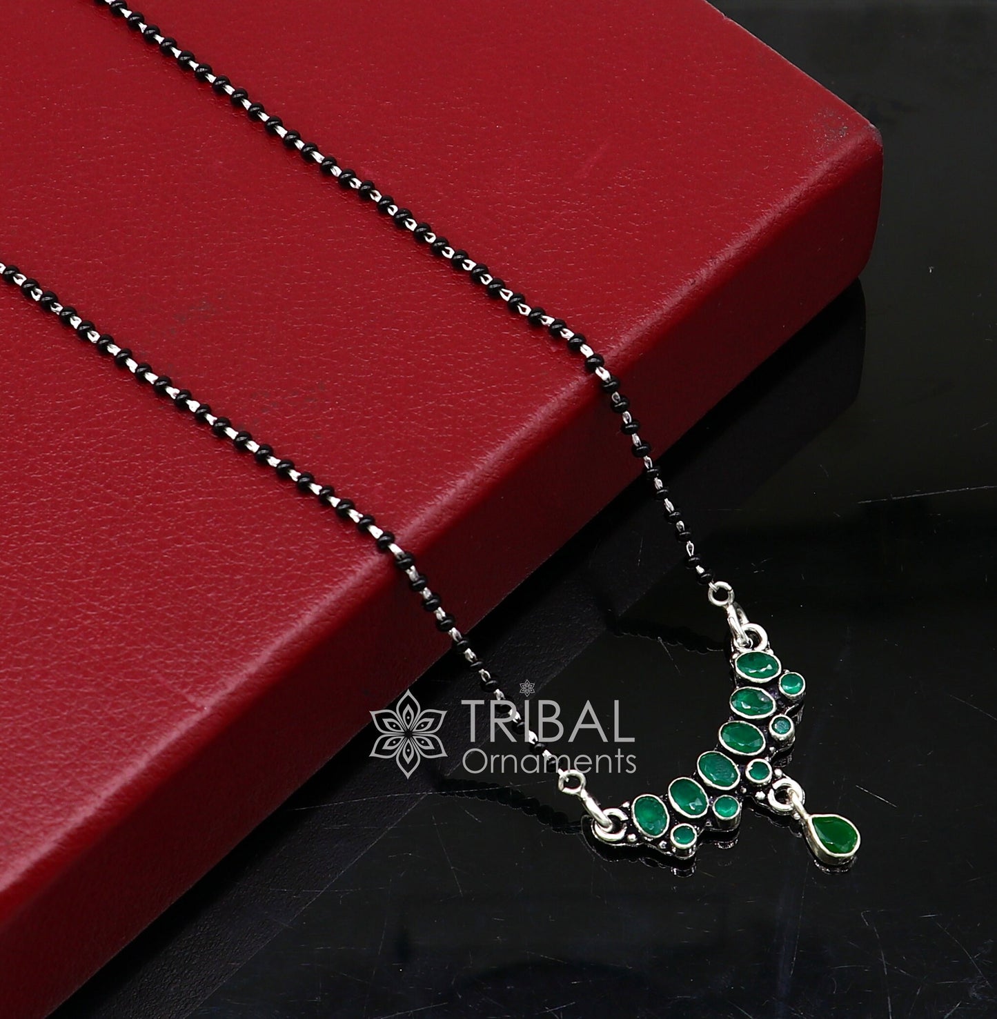 925 sterling silver black beads chain mangal sutra necklace for daily use brides Mangalsutra chunky necklace green stone pendant ms52 - TRIBAL ORNAMENTS