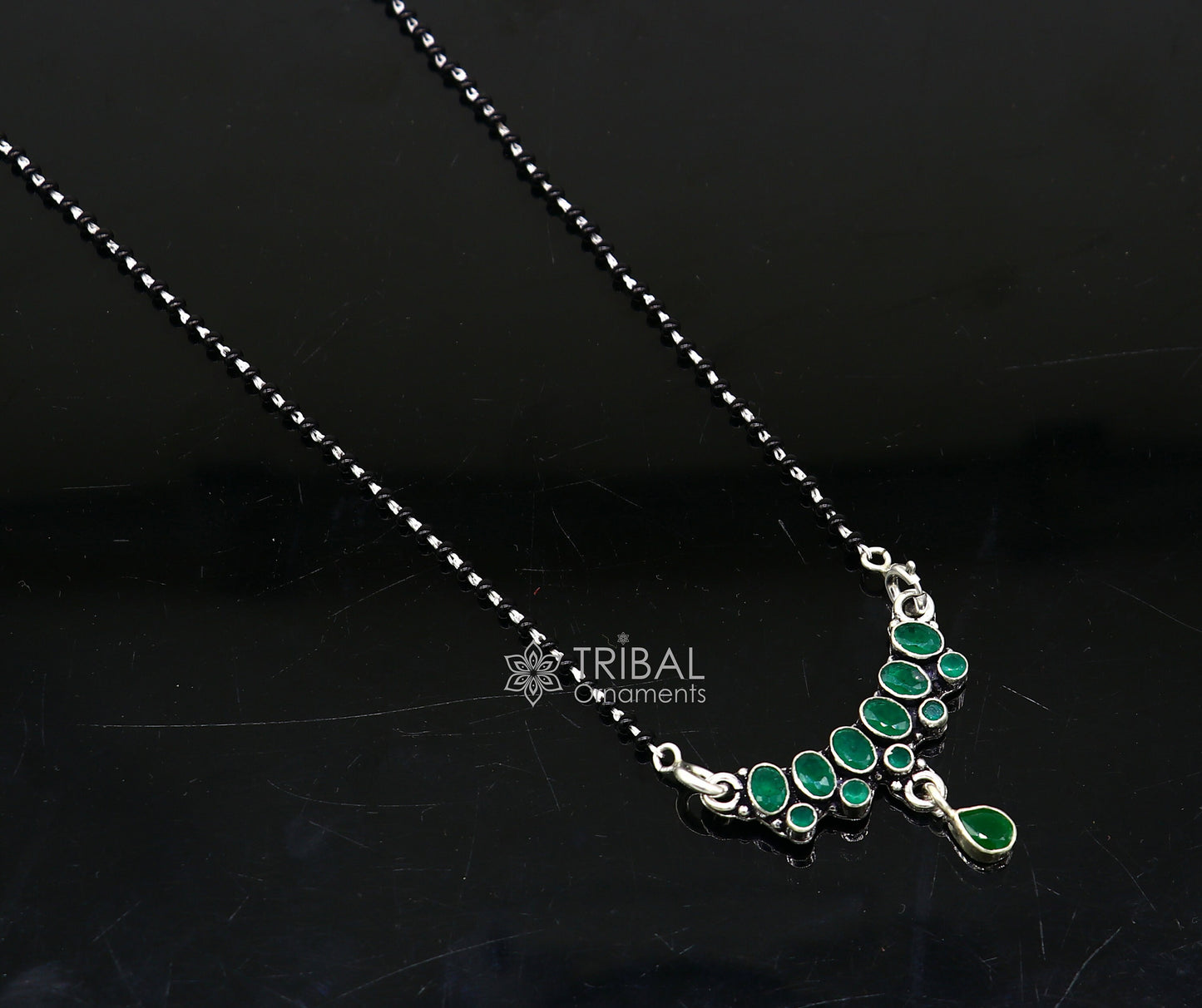 925 sterling silver black beads chain mangal sutra necklace for daily use brides Mangalsutra chunky necklace green stone pendant ms52 - TRIBAL ORNAMENTS