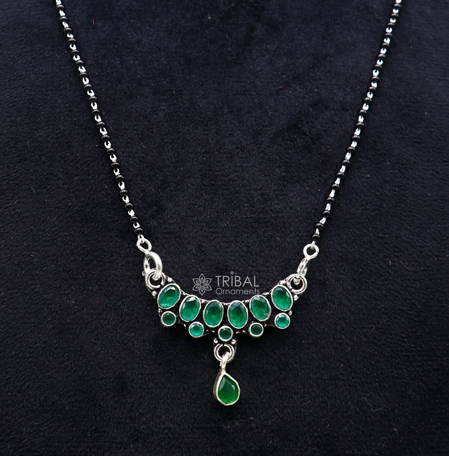 925 sterling silver black beads chain mangal sutra necklace for daily use brides Mangalsutra chunky necklace green stone pendant ms52 - TRIBAL ORNAMENTS
