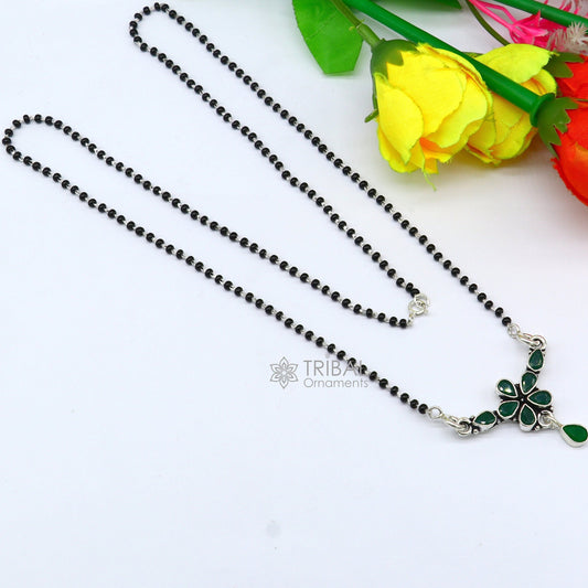 925 sterling silver black beads chain mangal sutra necklace for daily use brides Mangalsutra chunky necklace green stone pendant ms53 - TRIBAL ORNAMENTS