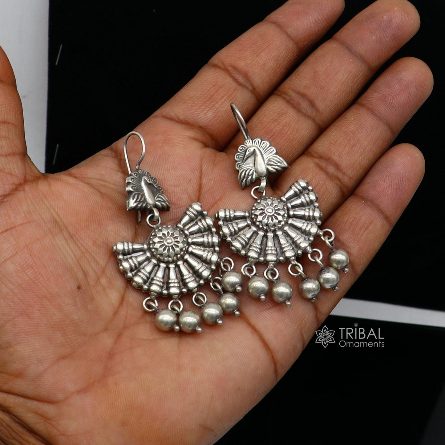 925 sterling silver handmade fabulous peacock design hoops earrings with hanging drops tribal ethnic brides jewelry belly dance india s1160 - TRIBAL ORNAMENTS