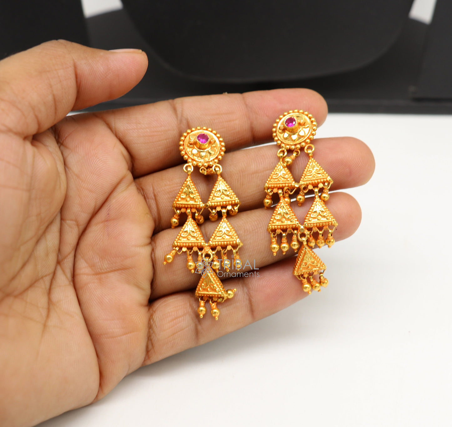 Vintage traditional cultural design fabulous 22kt yellow gold handmade ethnic tribal earrings women's tribal jewelry from India ear169 - TRIBAL ORNAMENTS