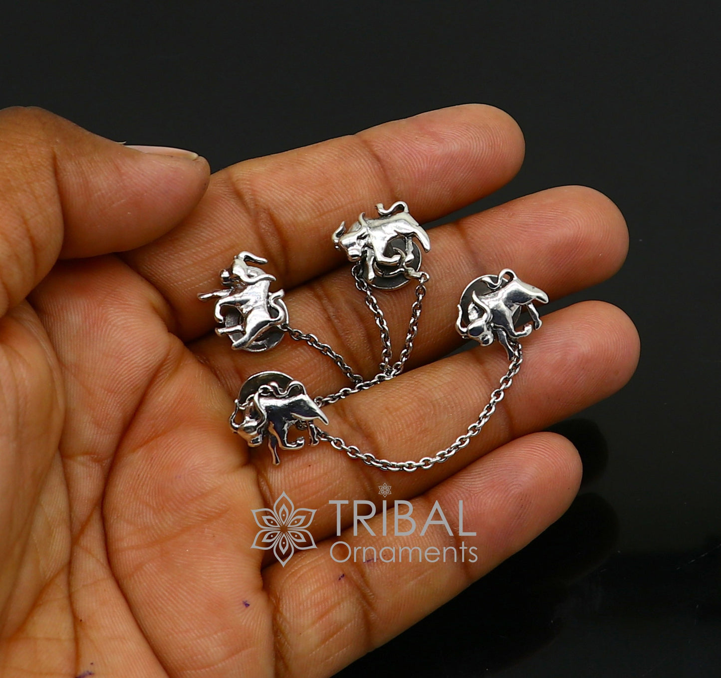 925 Sterling Silver bull design set of 4 kurta Buttons for Fashion Perfection, silver cufflinks, cultural trendy jewelry btn35 - TRIBAL ORNAMENTS