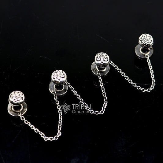 French Fleur de Lis design 925 Sterling Silver set of 4 kurta Buttons for Fashion Perfection silver cufflinks, cultural trendy jewelry btn41 - TRIBAL ORNAMENTS
