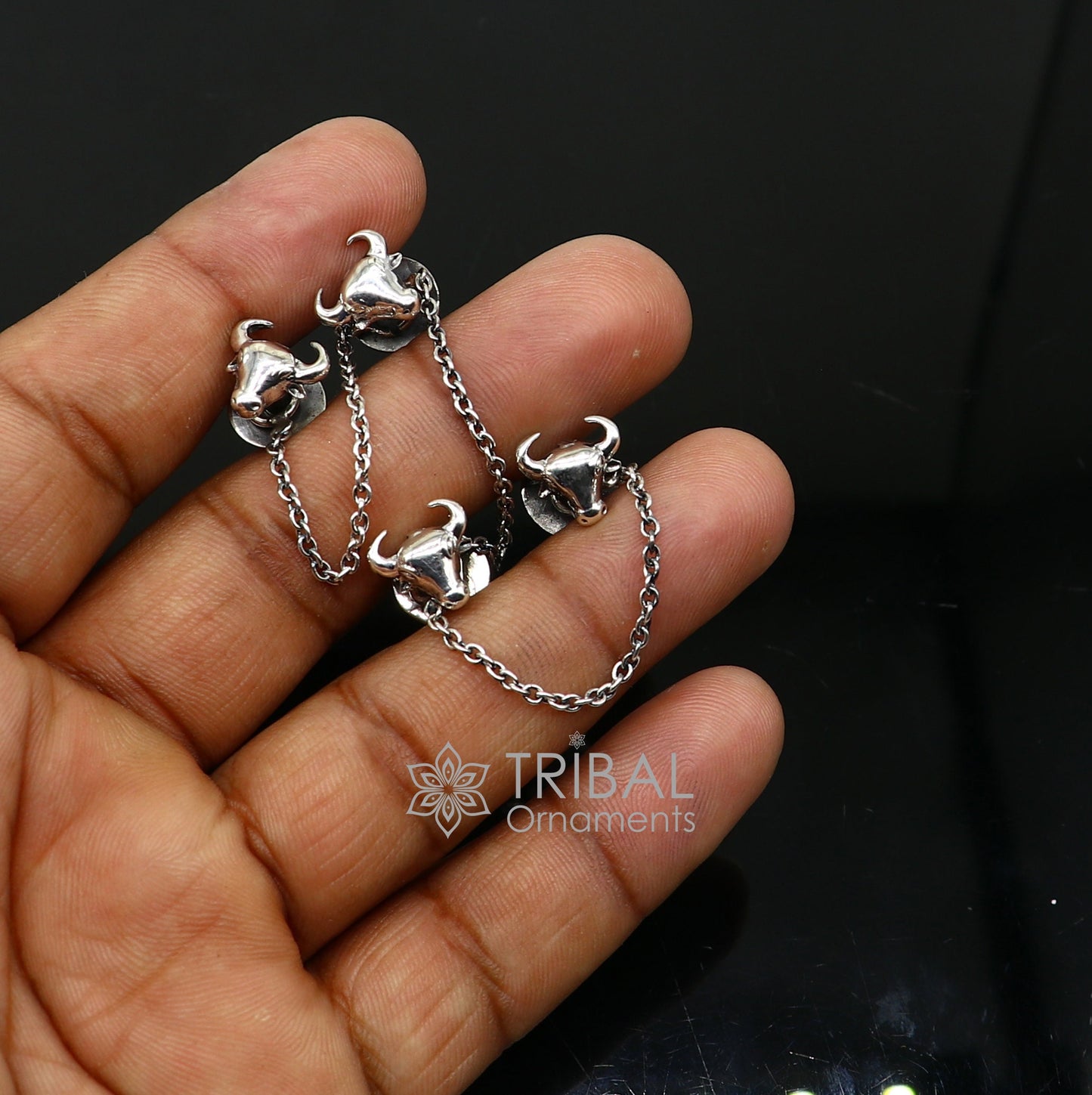 Bull head design 925 Sterling Silver set of 4 kurta Buttons for Fashion Perfection, silver cufflinks, cultural trendy jewelry btn43 - TRIBAL ORNAMENTS