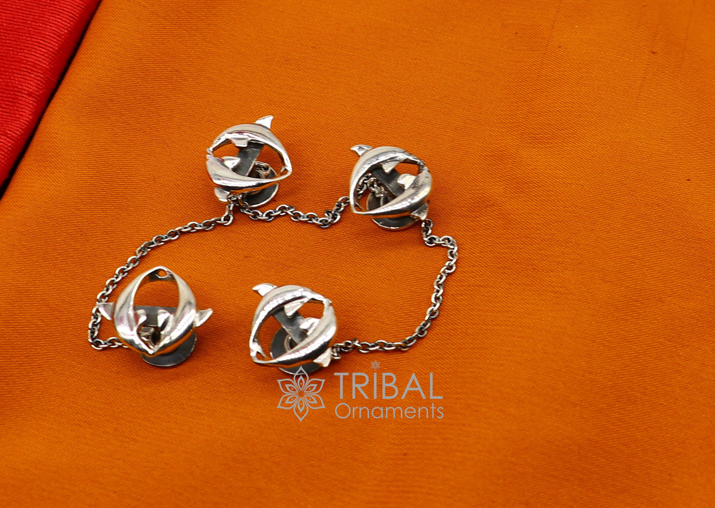 Dolphin pair design 925 Sterling Silver set of 4 kurta Buttons for Fashion Perfection, silver cufflinks, cultural trendy jewelry btn44 - TRIBAL ORNAMENTS