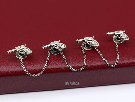 Gun design 925 Sterling Silver set of 4 kurta Buttons for Fashion Perfection, silver cufflinks, cultural trendy jewelry btn48 - TRIBAL ORNAMENTS