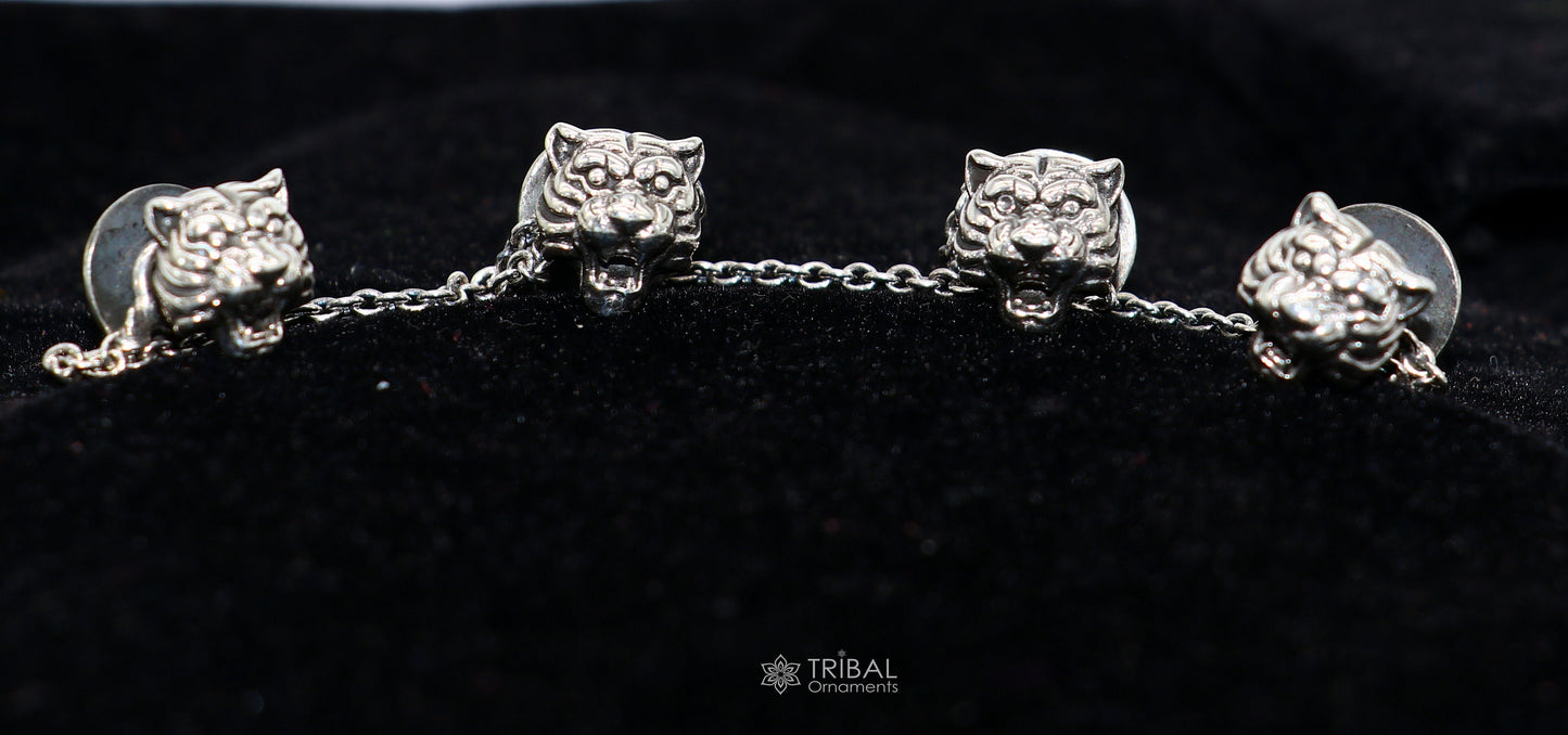 Lion face design 925 Sterling Silver set of 4 kurta Buttons for Fashion Perfection, silver cufflinks, cultural trendy jewelry btn49 - TRIBAL ORNAMENTS