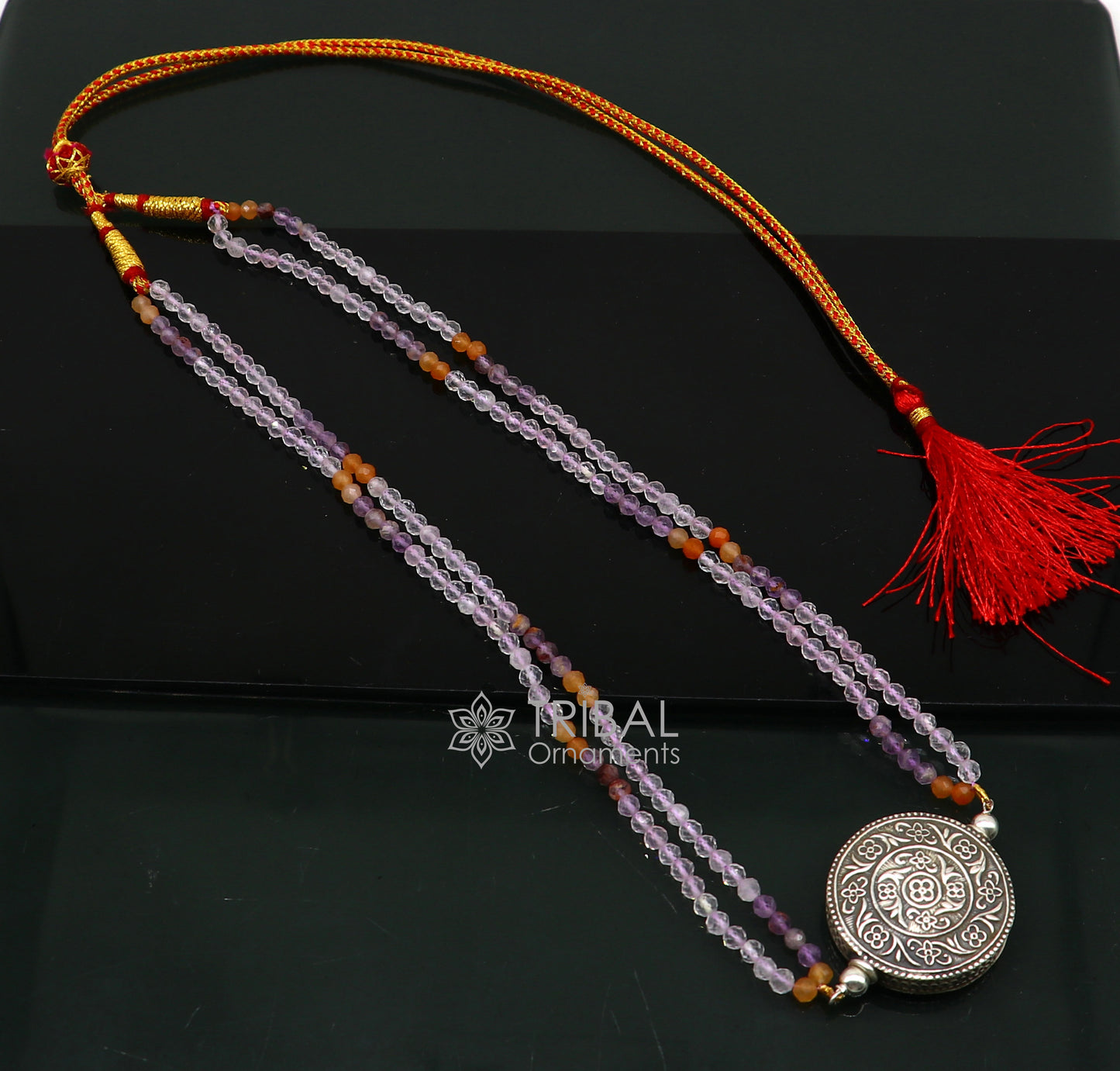 Indian traditional cultural style trendy natural multicolor stone beaded 925 sterling silver necklace, choker tribal ethnic jewelry set611 - TRIBAL ORNAMENTS