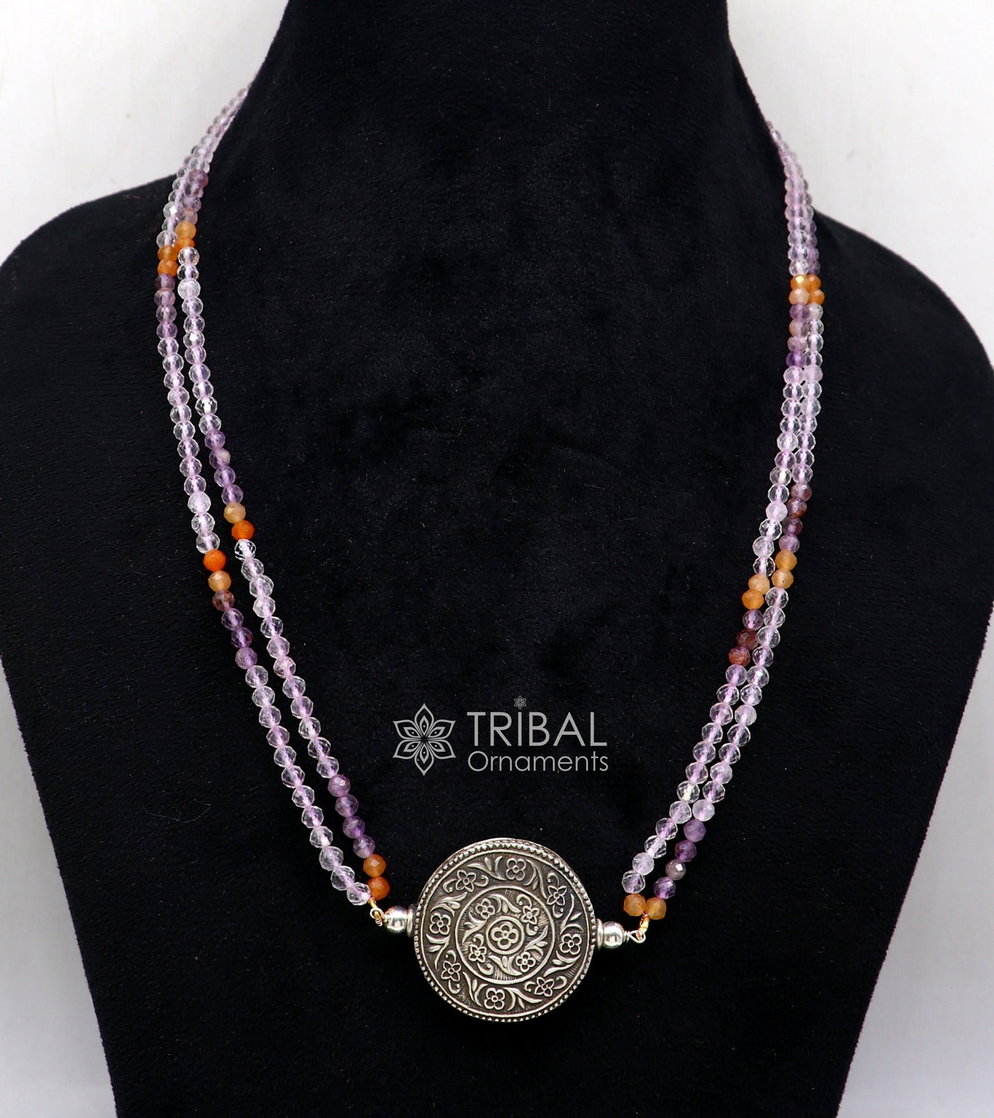 Indian traditional cultural style trendy natural multicolor stone beaded 925 sterling silver necklace, choker tribal ethnic jewelry set611 - TRIBAL ORNAMENTS