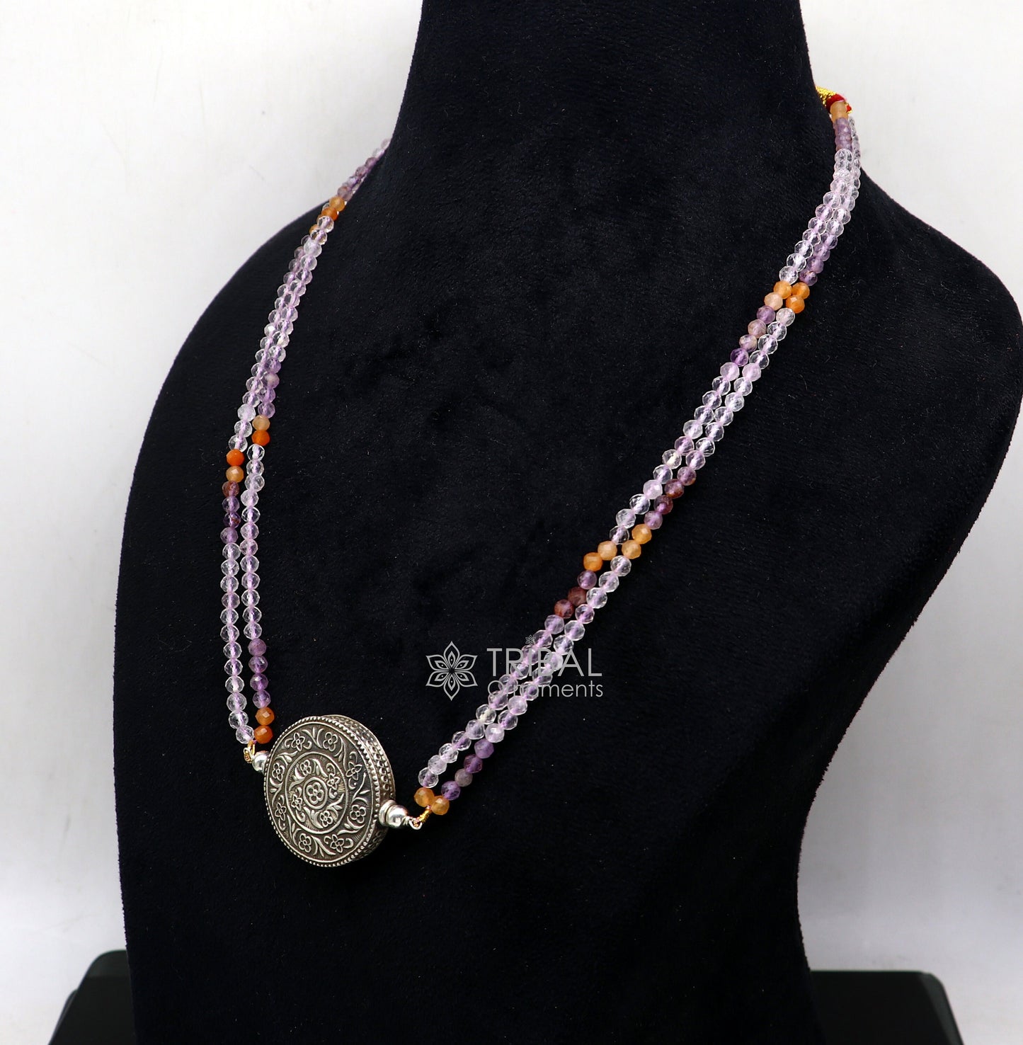Indian traditional cultural style trendy natural multicolor stone beaded 925 sterling silver necklace, choker tribal ethnic jewelry set611 - TRIBAL ORNAMENTS