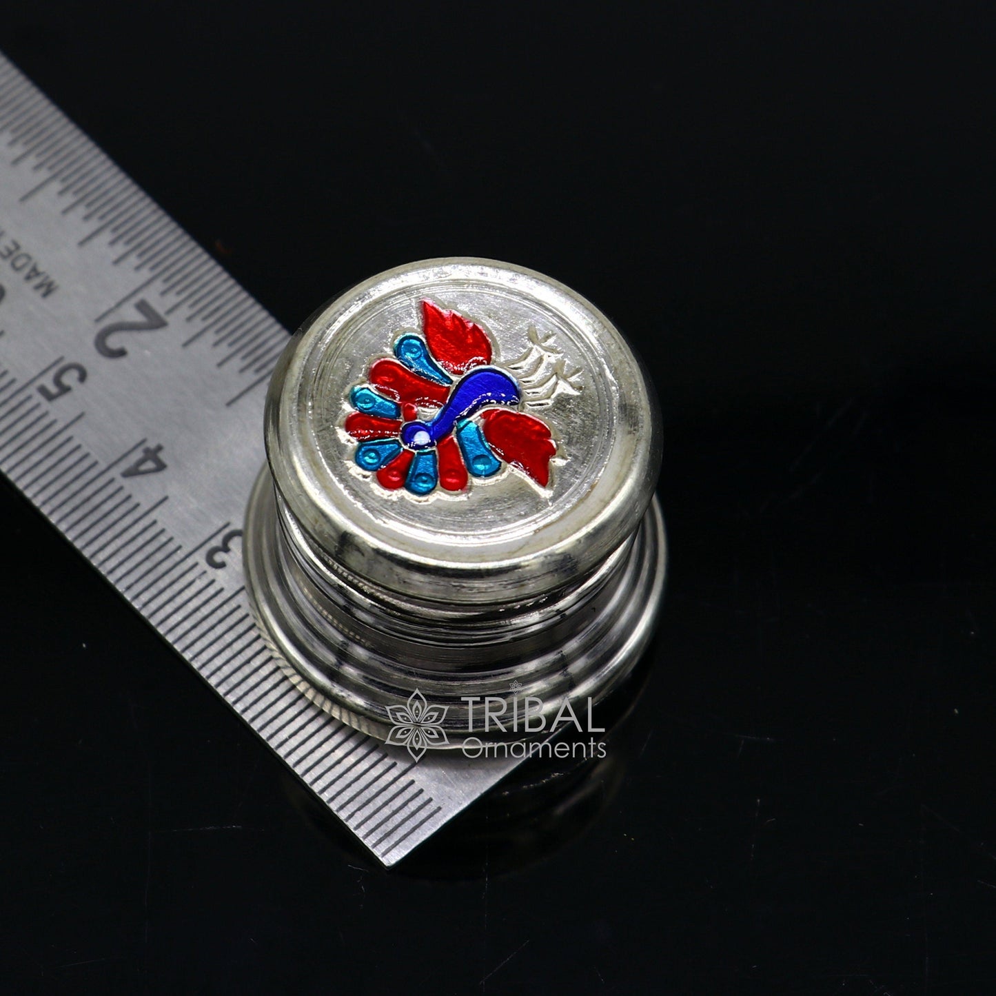 999 pure silver trinket box, kajal box brides round shape box peacock design box , container tobacco box, eyeliner Sindur box gifting stb798 - TRIBAL ORNAMENTS